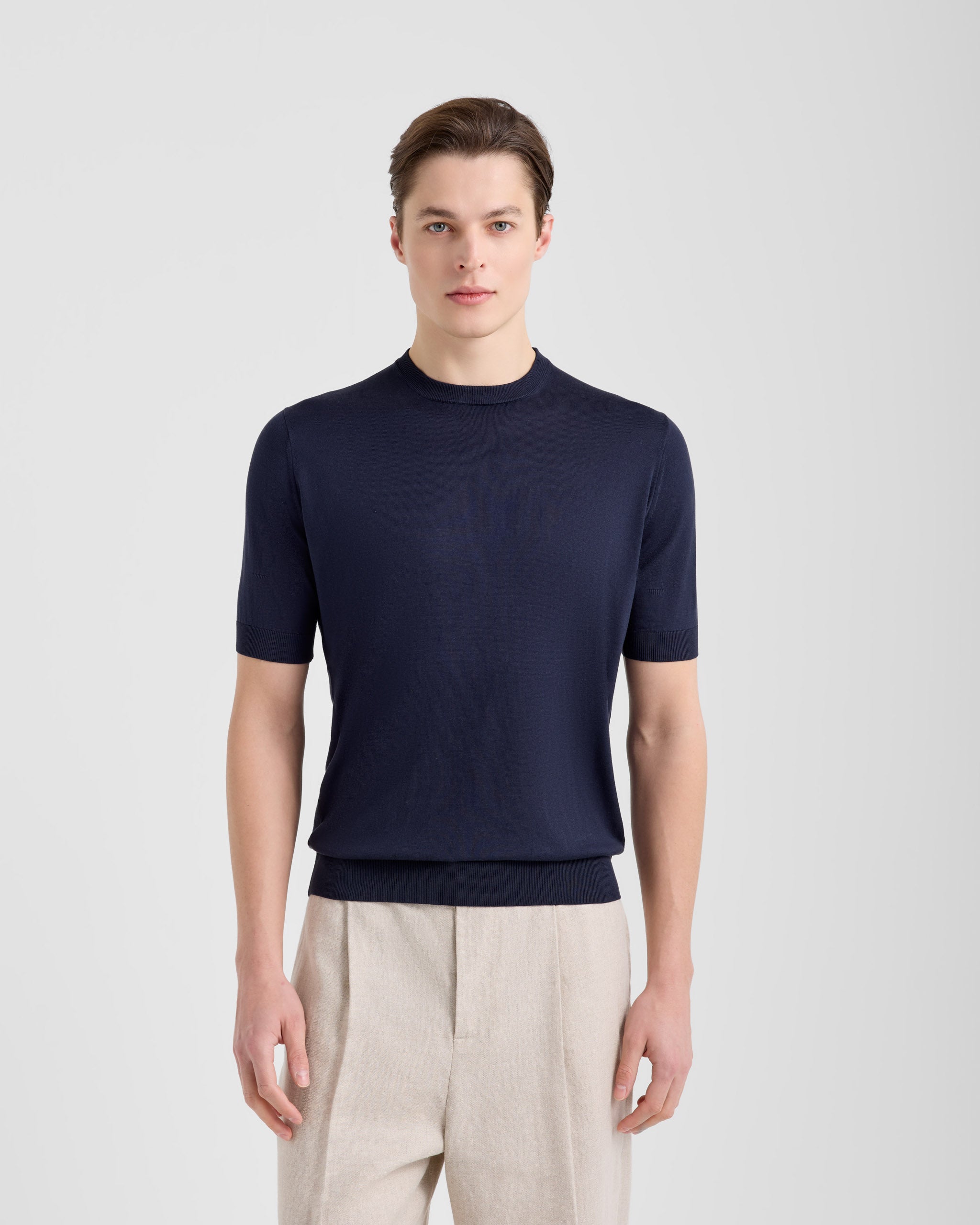 Men's 18-Gauge Short Sleeve Sweater in 100% Pure Silk navy