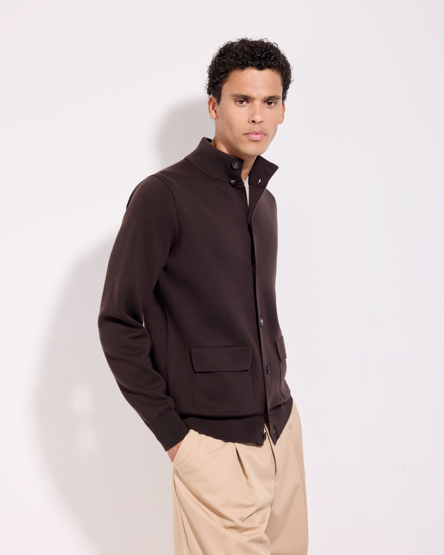 Cardigan con bottoni punto milano lana merino cioccolato