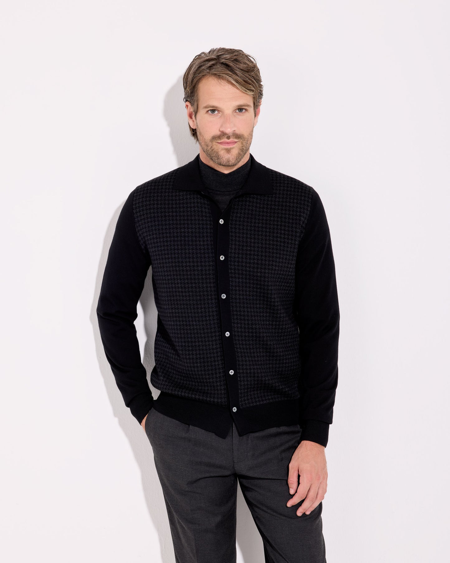 Cardigan camicia pied de poule royal merino antracite-nero