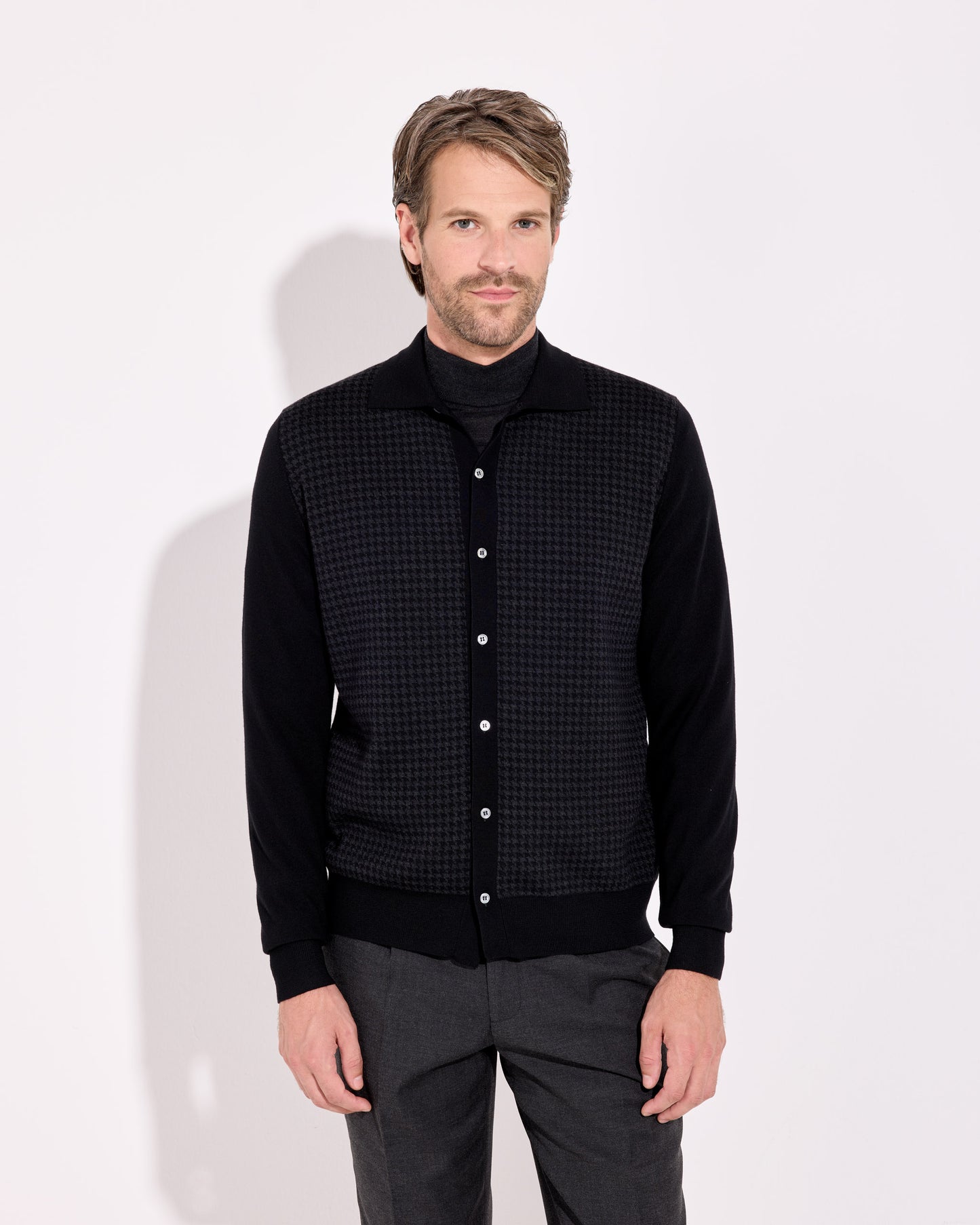 Cardigan camicia pied de poule royal merino antracite-nero