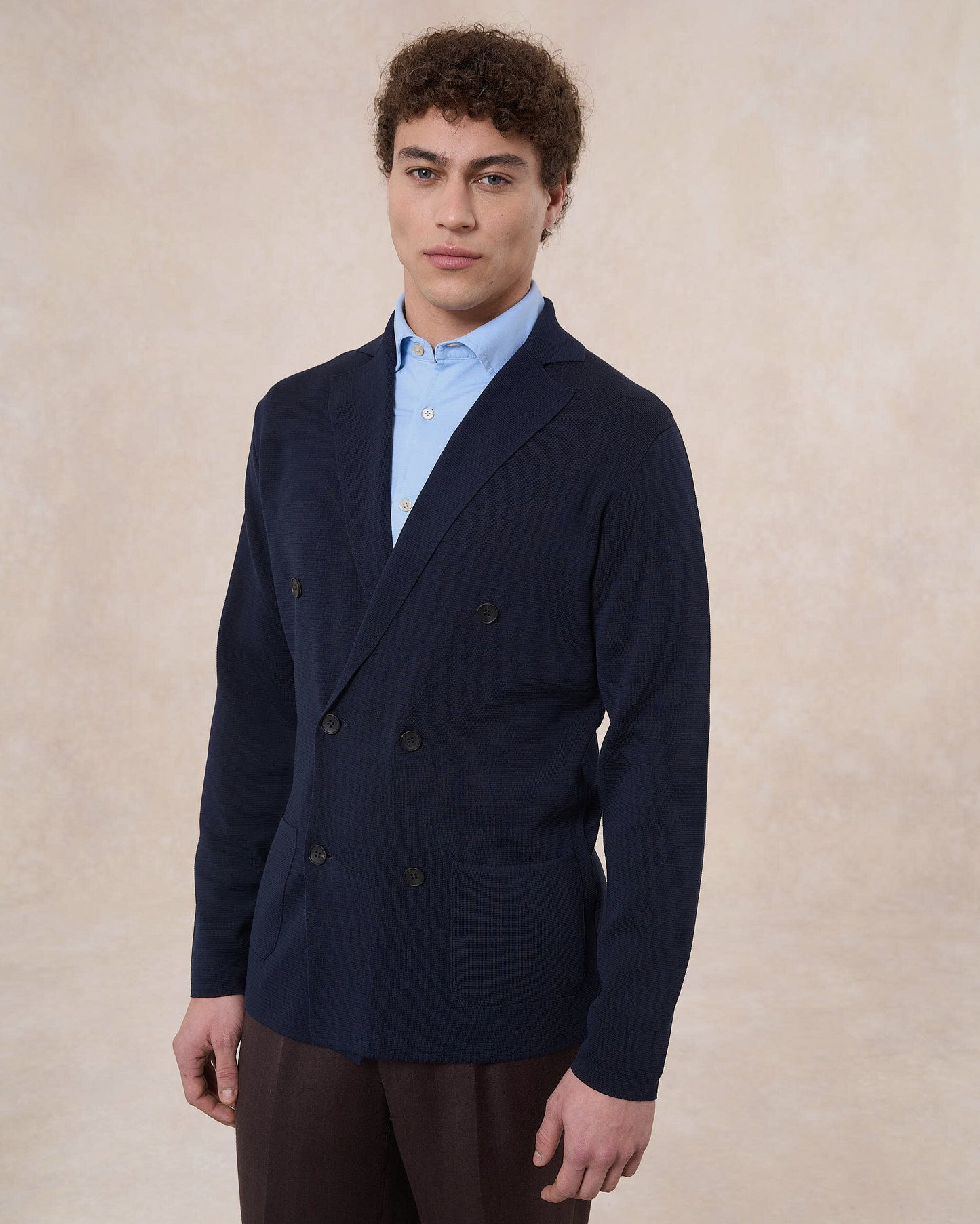 Giacca doppiopetto blu navy in cotone in punto milano