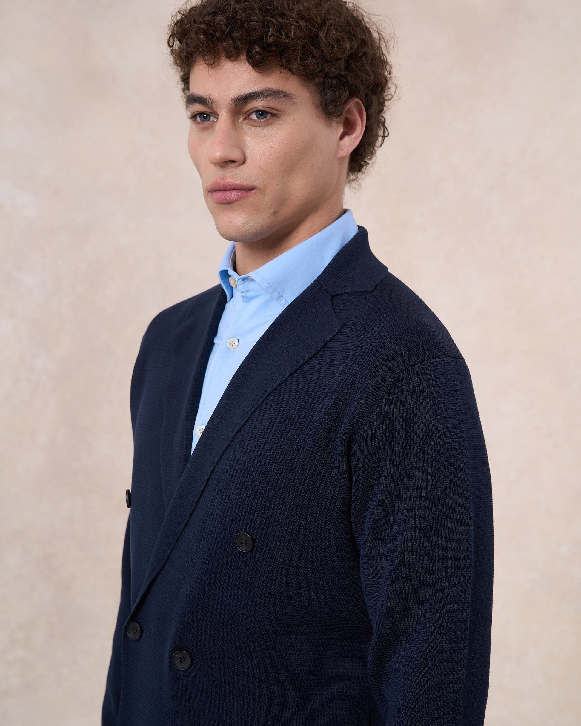 Giacca doppiopetto blu navy in cotone in punto milano