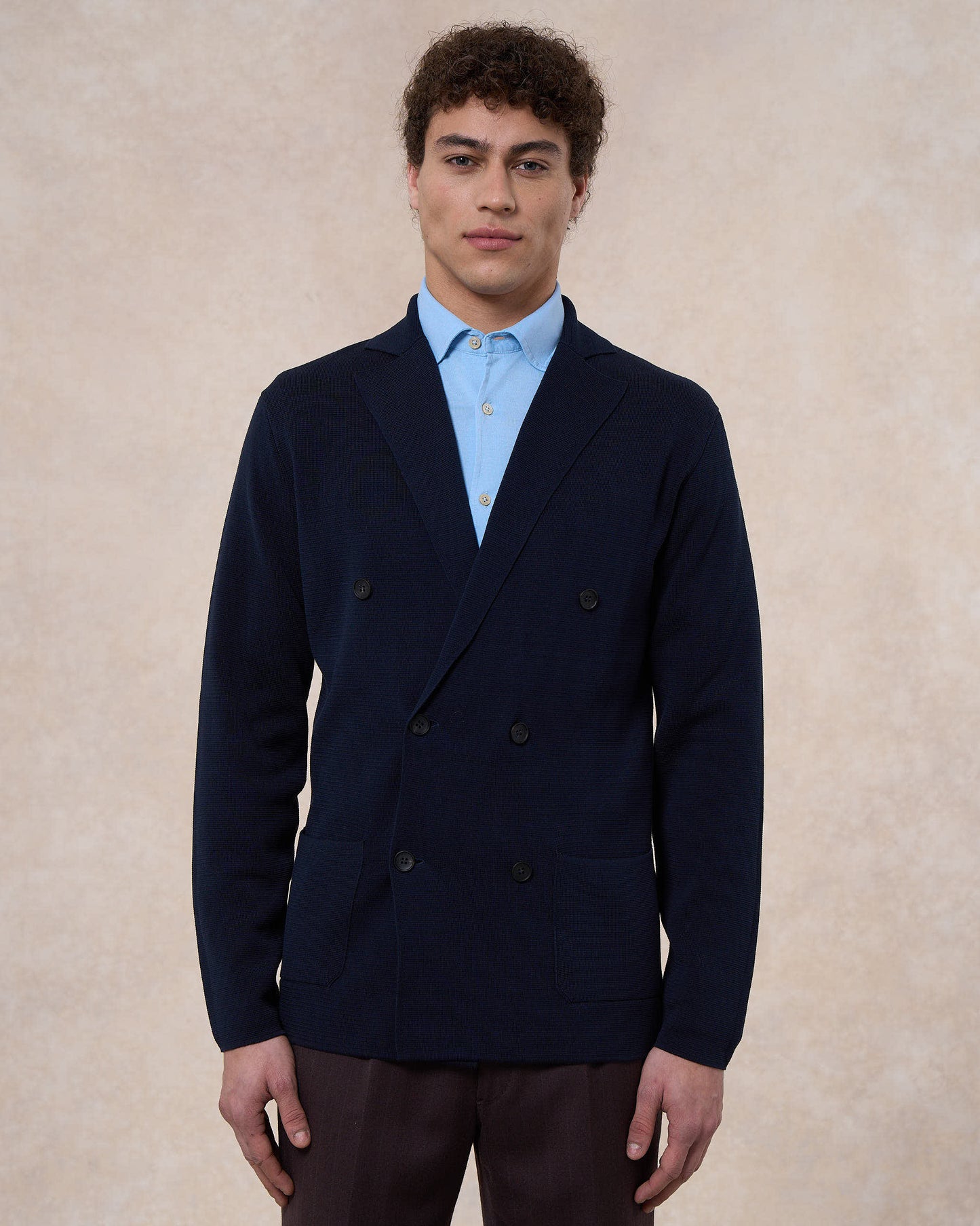 Giacca doppiopetto blu navy in cotone in punto milano