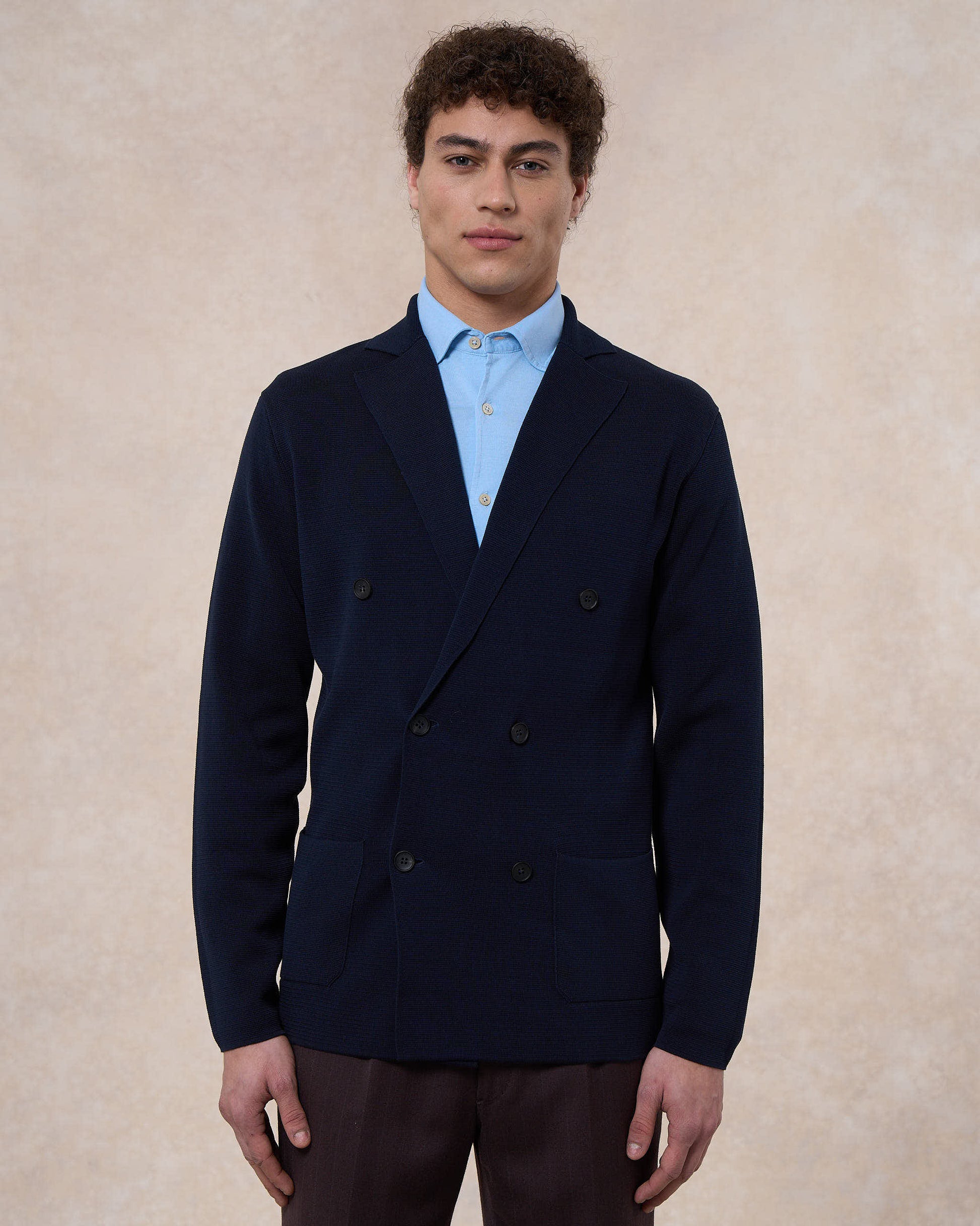 Giacca doppiopetto blu navy in cotone in punto milano