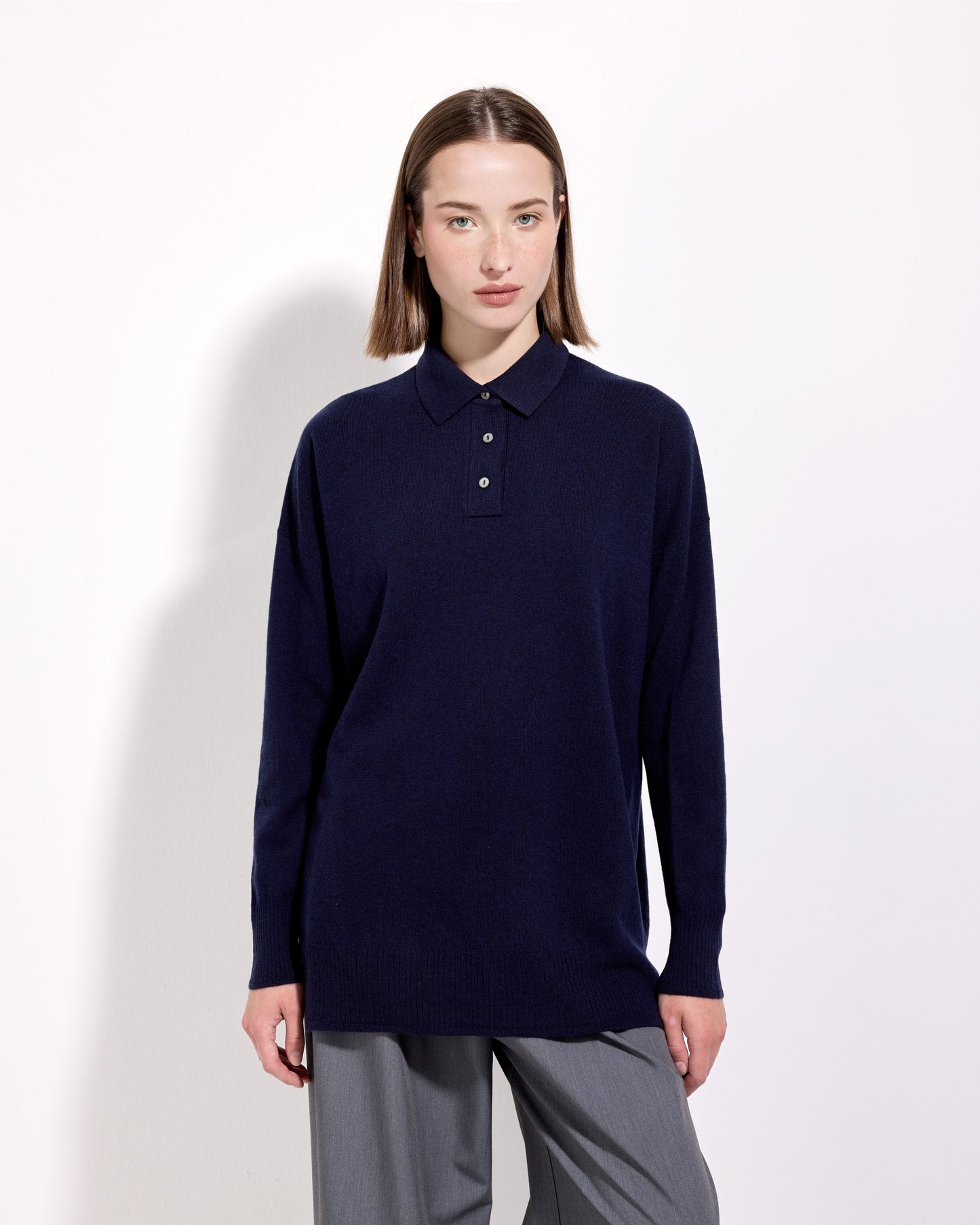 Maglia a polo lana seta cashmere blu navy