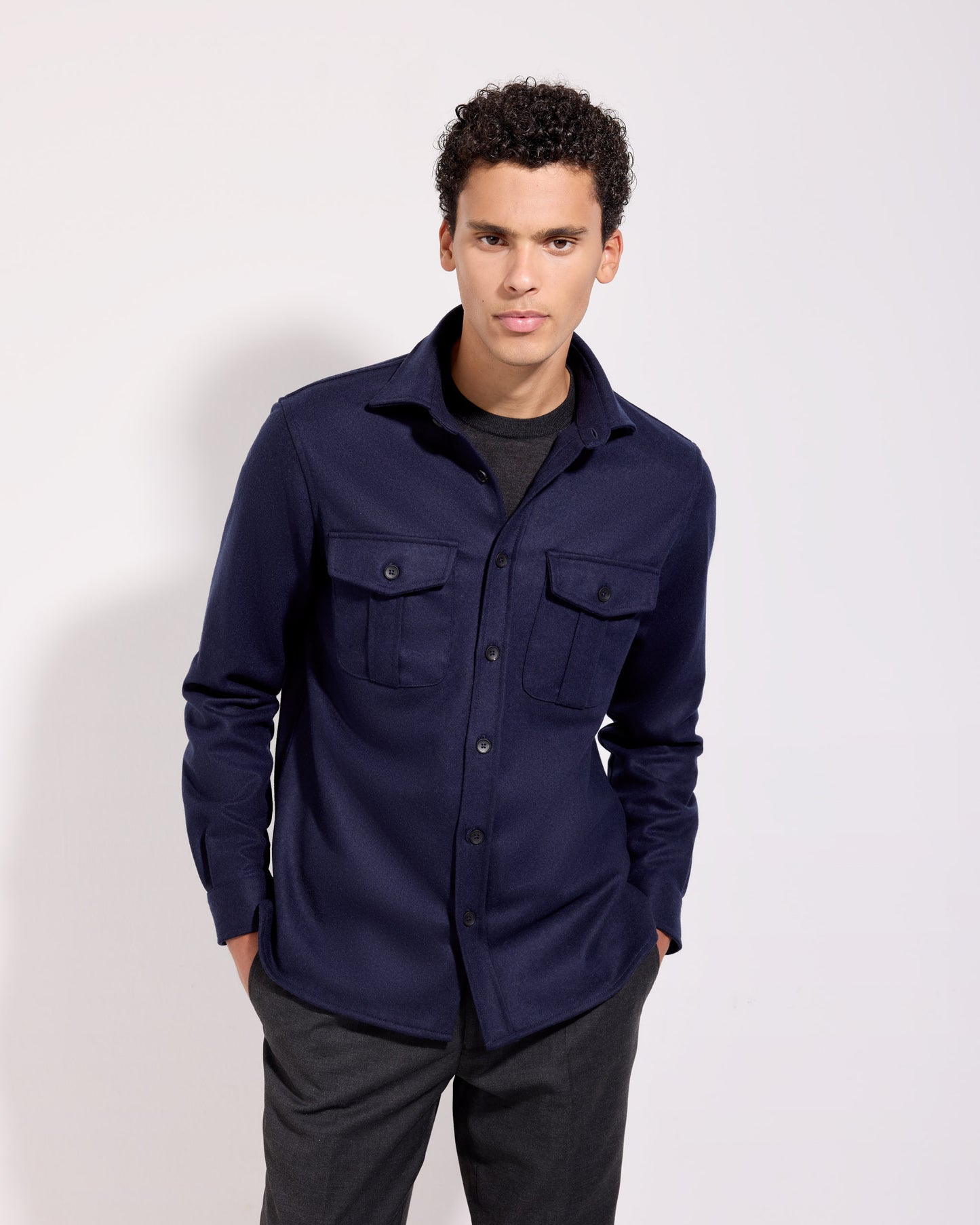 Overshirt in tessuto infeltrito lana cashmere blu navy