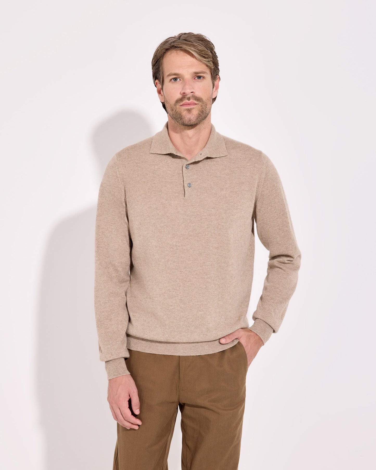 Polo a manica lunga cashmere bianco lino