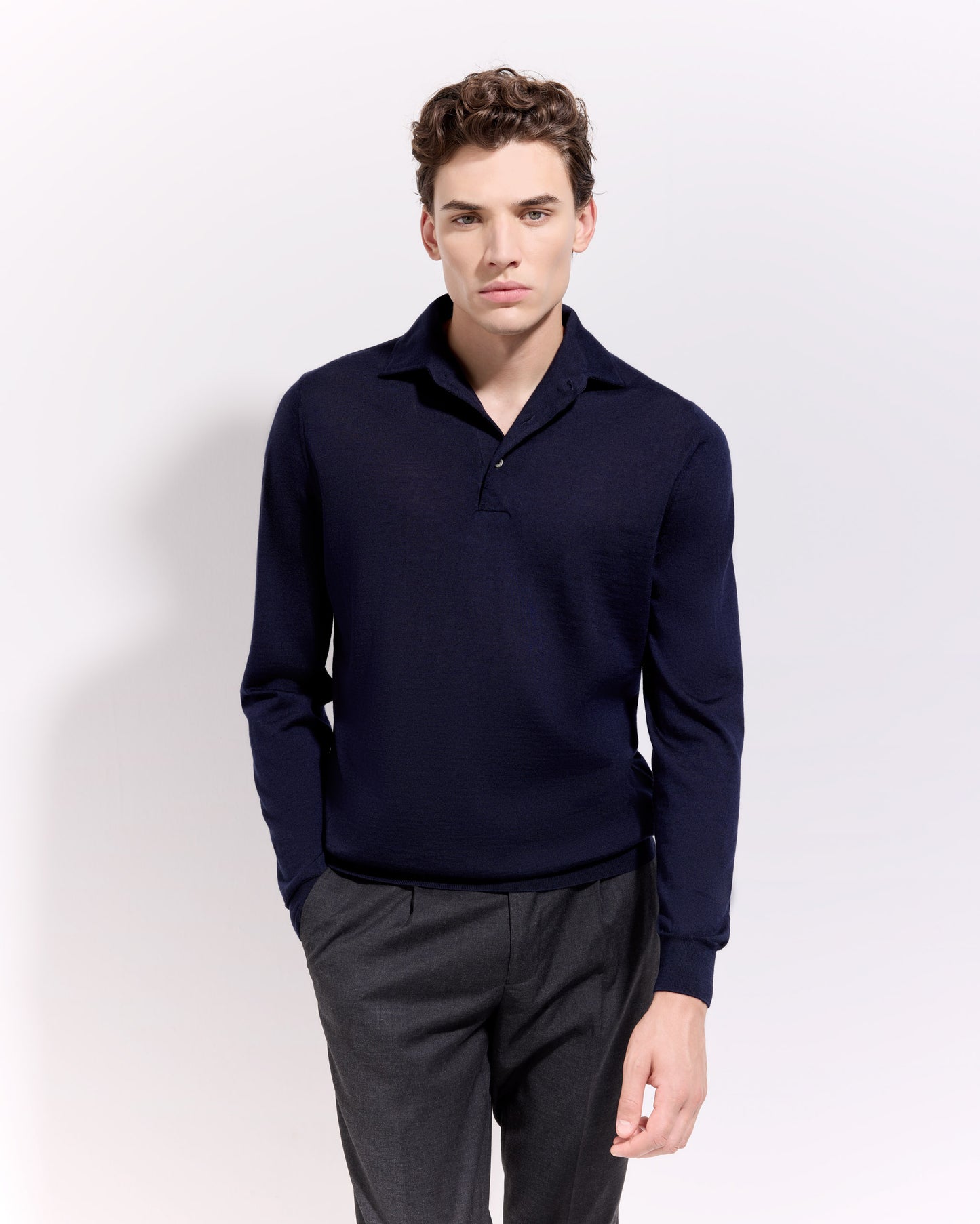 Polo collo con paramontura lana seta cashmere blu navy