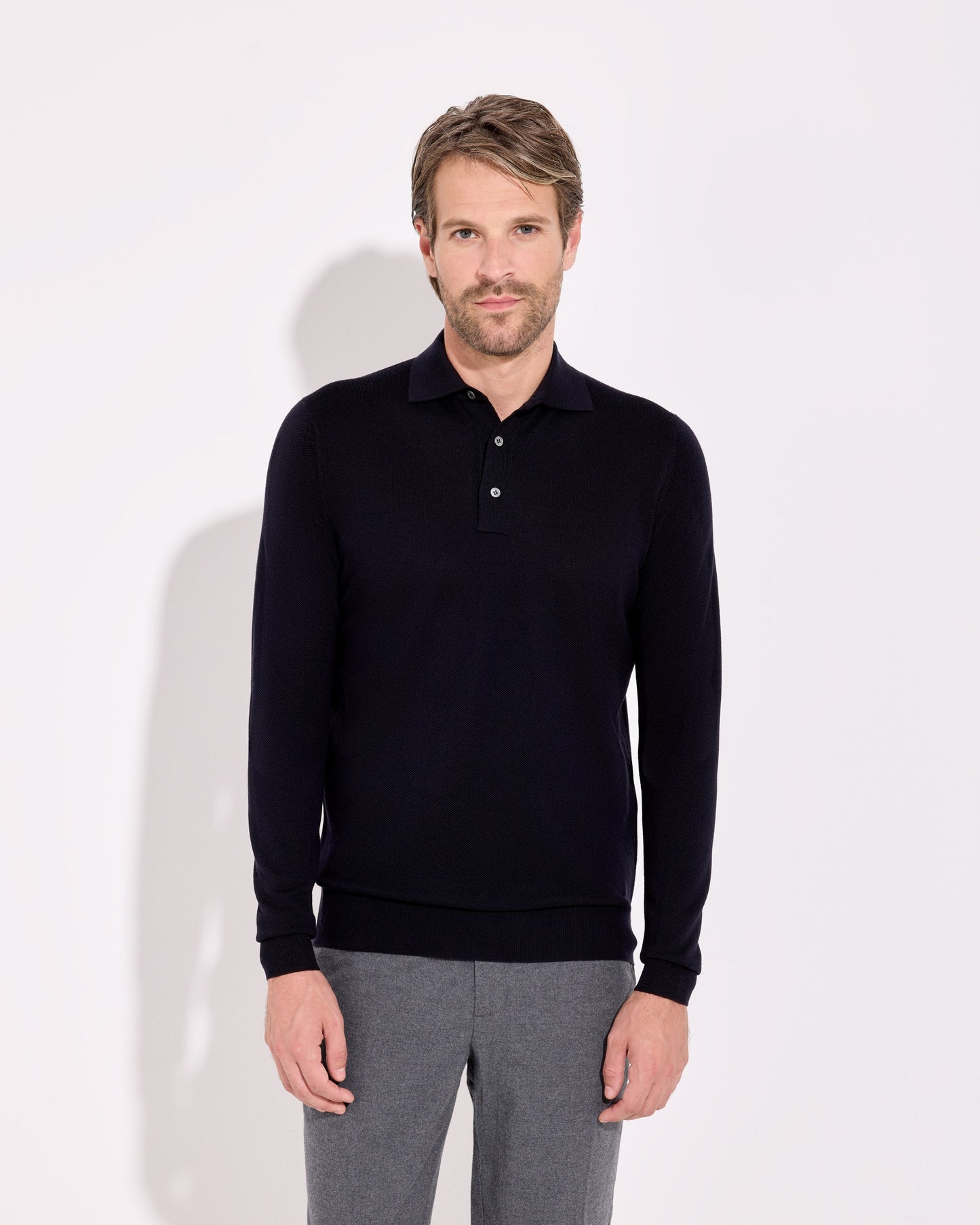 Polo in piquet a manica lunga royal merino blu navy