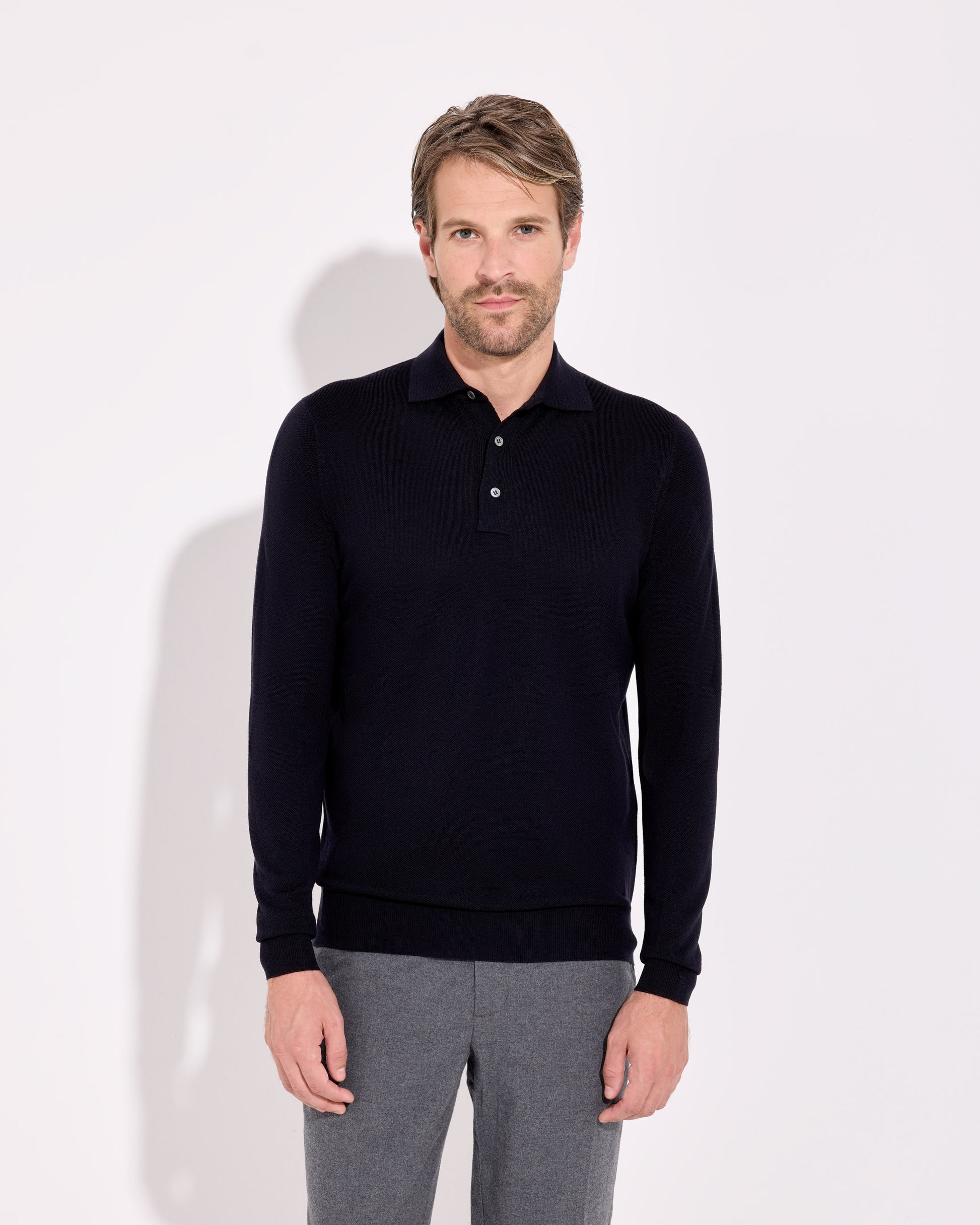 Polo in piquet a manica lunga royal merino blu navy