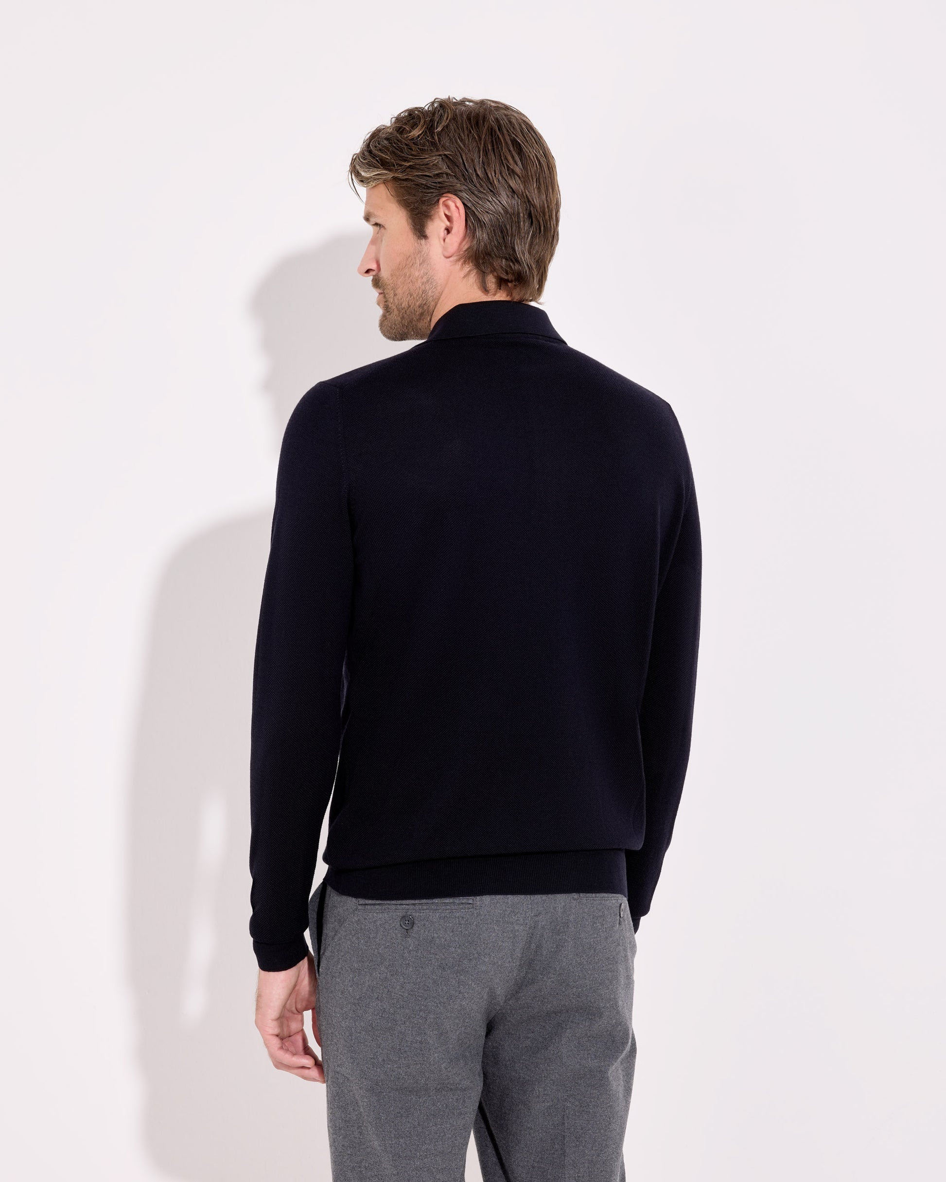 Polo in piquet a manica lunga royal merino blu navy