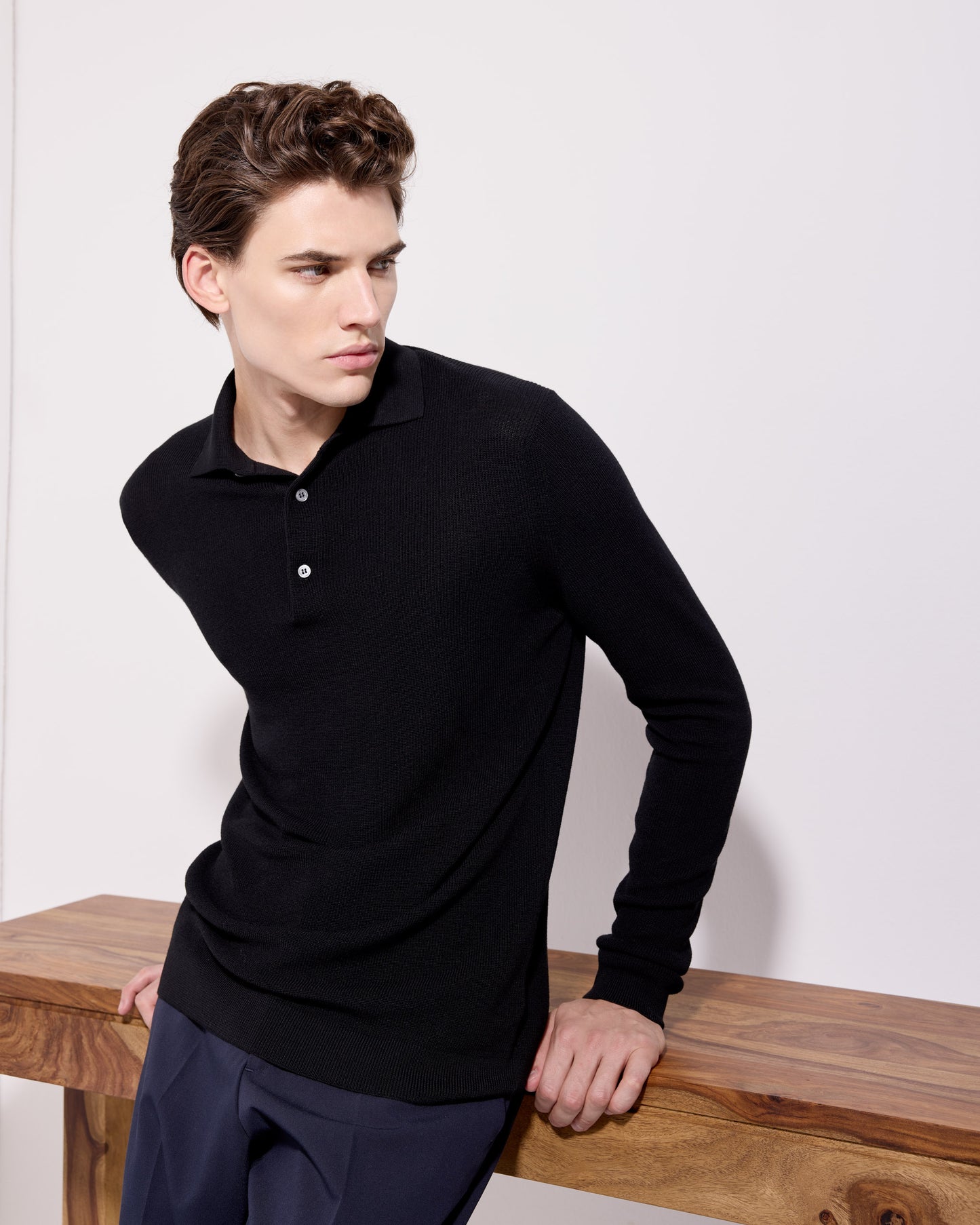 Maglia a polo costina royal merino nero