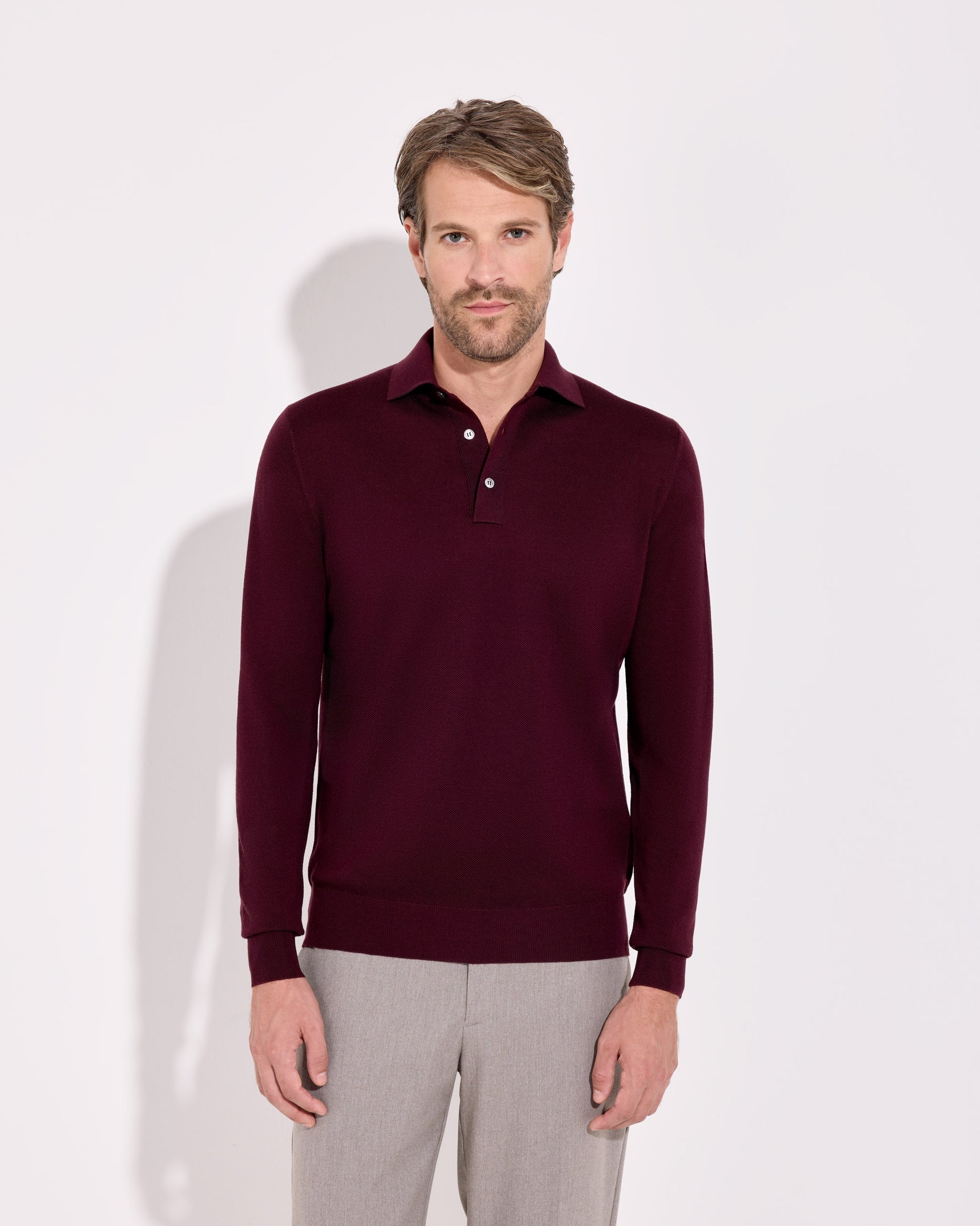 Polo in piquet a manica lunga royal merino rosso bruciato