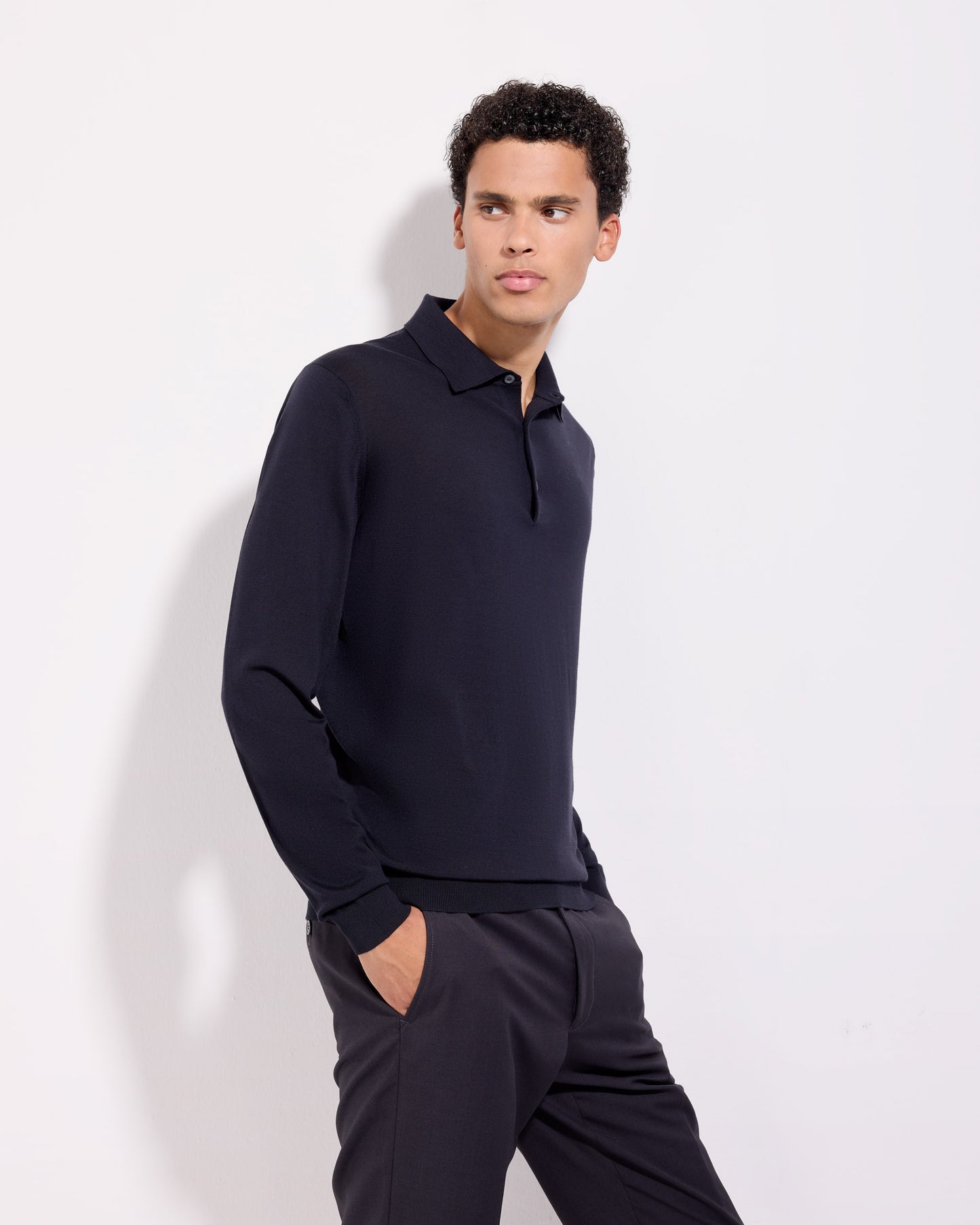 Polo manica lunga 180s merino blu navy