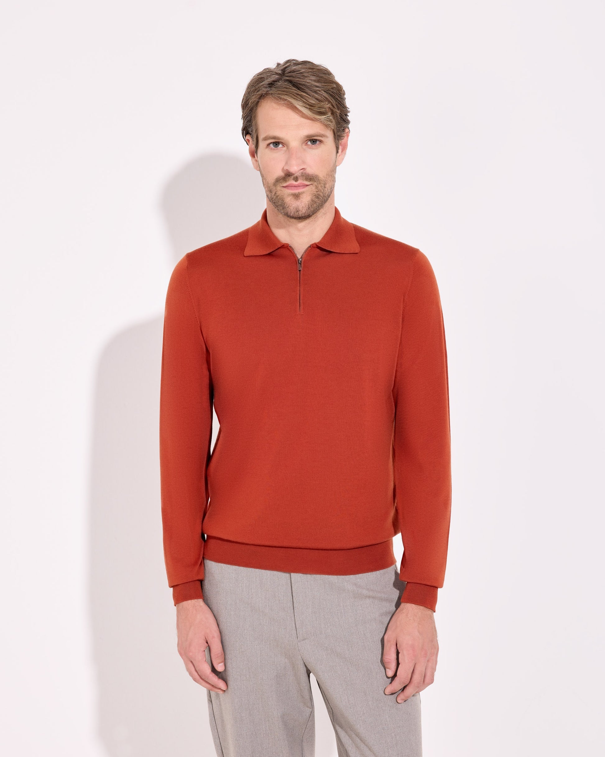 Polo zip royal merino arancione