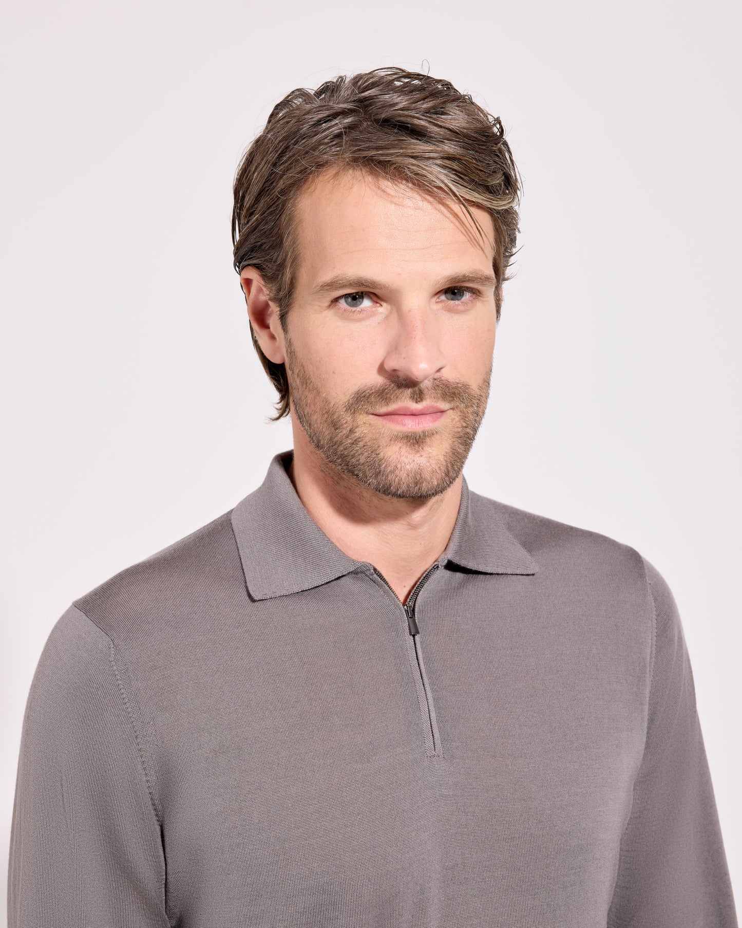 Polo zip royal merino tortora