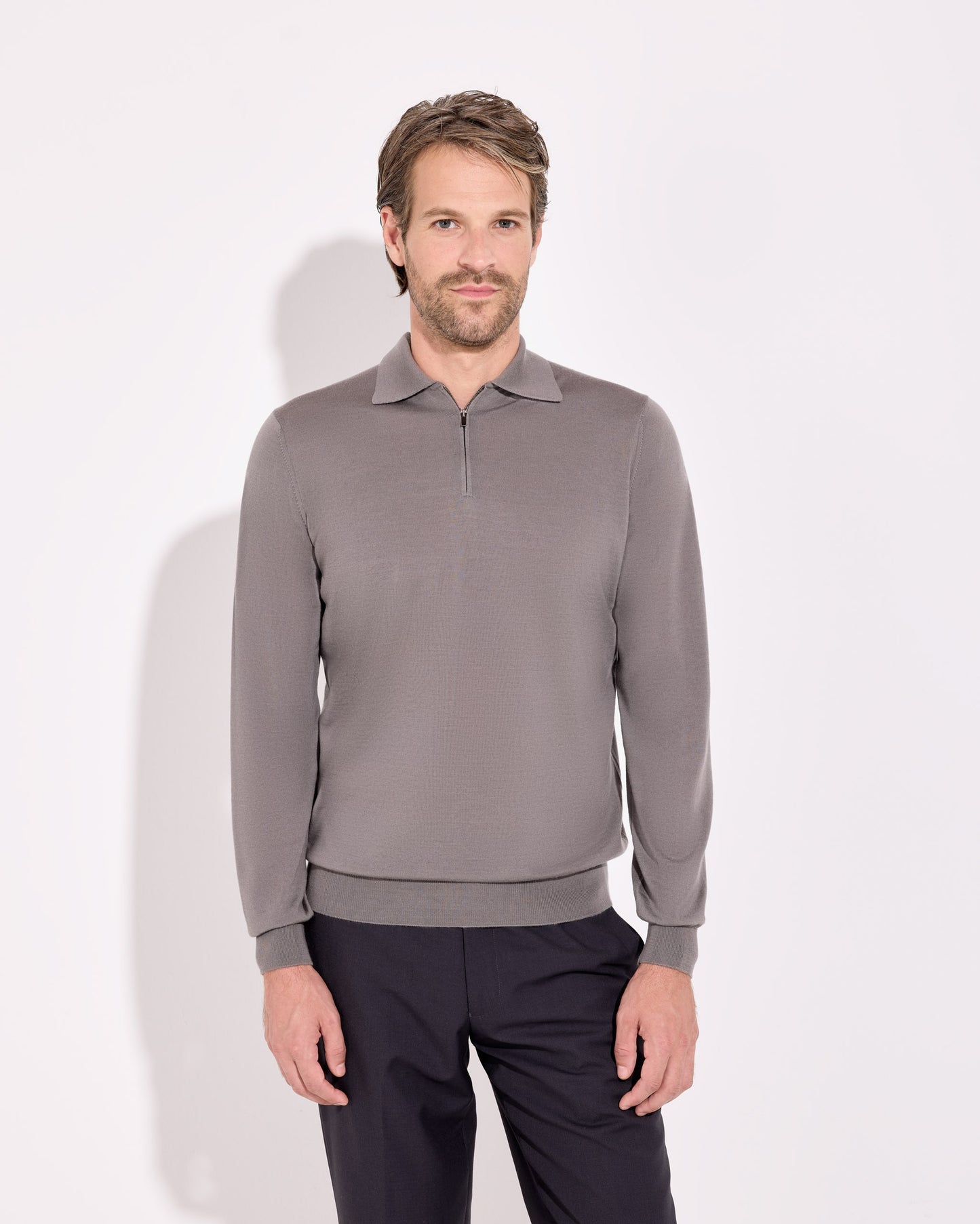 Polo zip royal merino tortora
