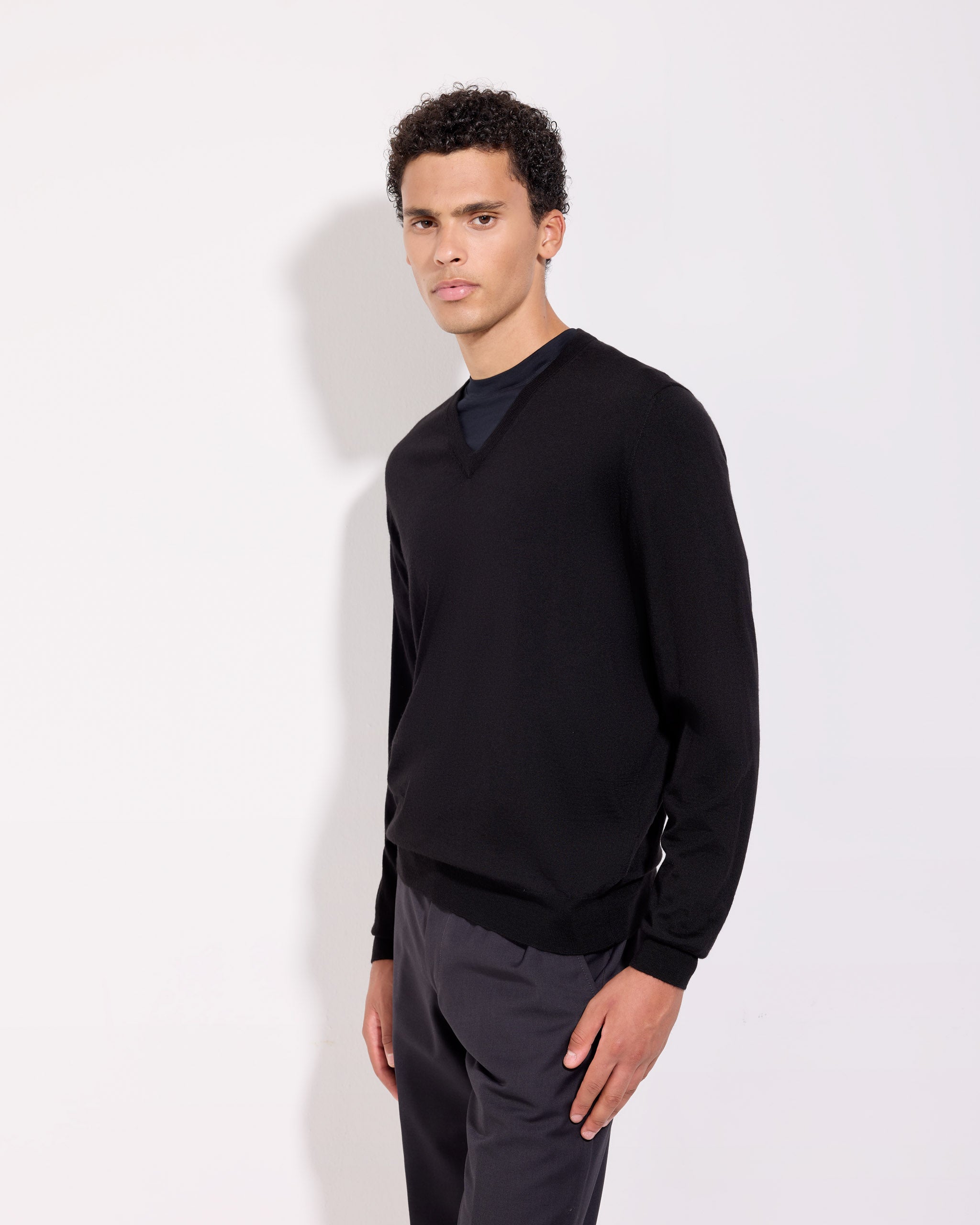 Maglia Scollo A V Color Panna A Coste In Puro Cotone - Foto 7