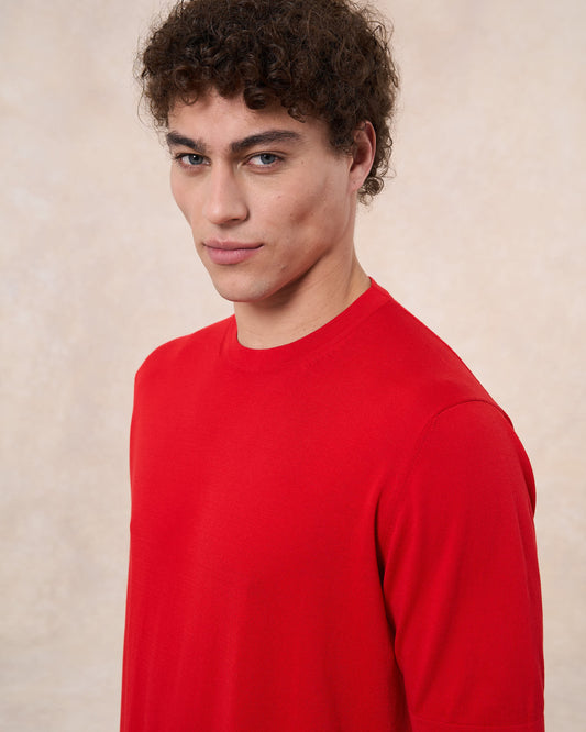 T-shirt rosso fuoco in cotone crepe slim fit