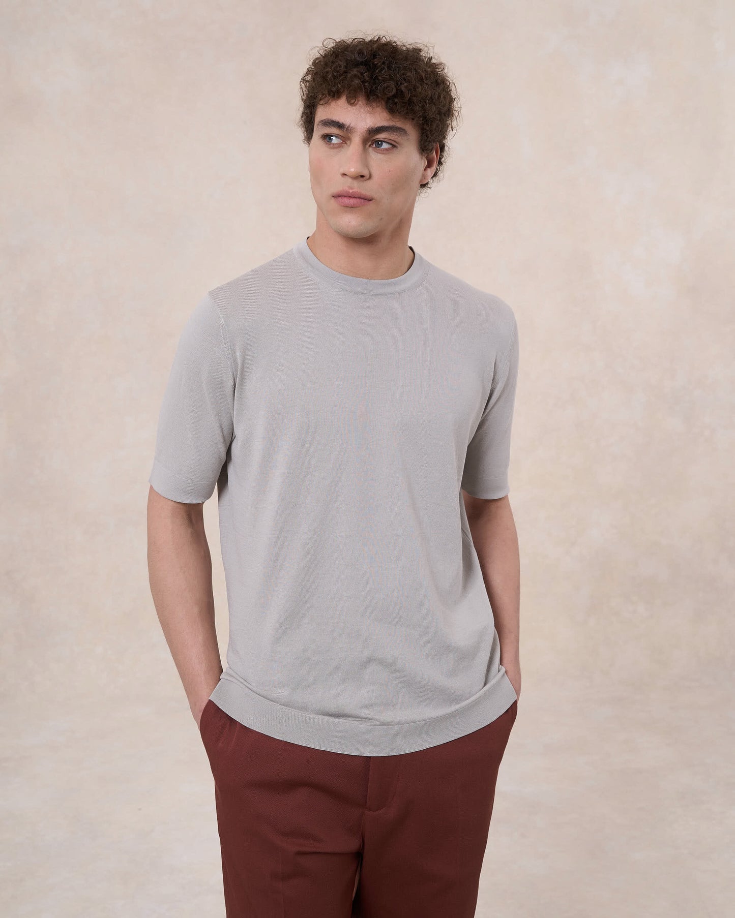 T-shirt grigio nebbia in cotone crepe slim fit