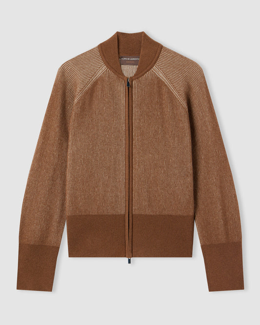 Raglan-sleeve zipped bomber jacket CAMEL - ECRU | Filippo De Laurentiis