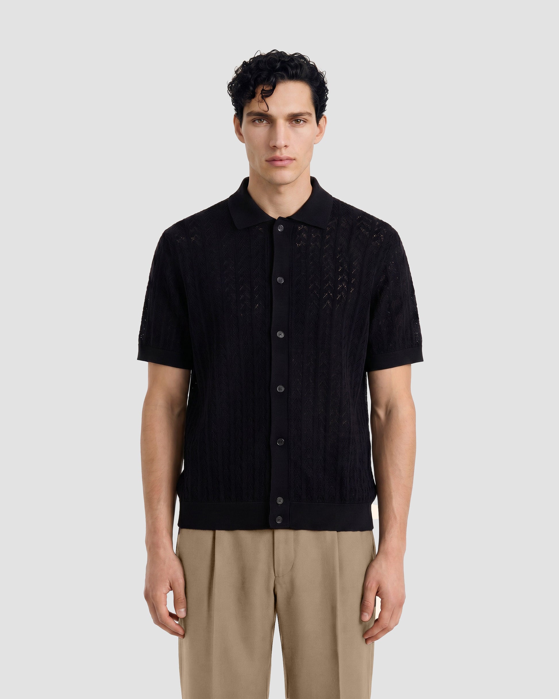 Short sleeve crochet shirt BLACK | Filippo De Laurentiis