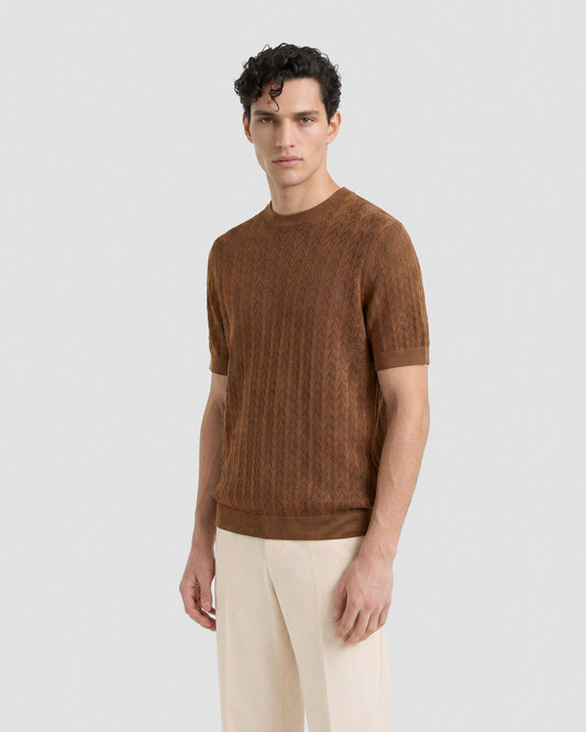 Short sleeve crochet crewneck COLONIAL BEIGE | Filippo De Laurentiis