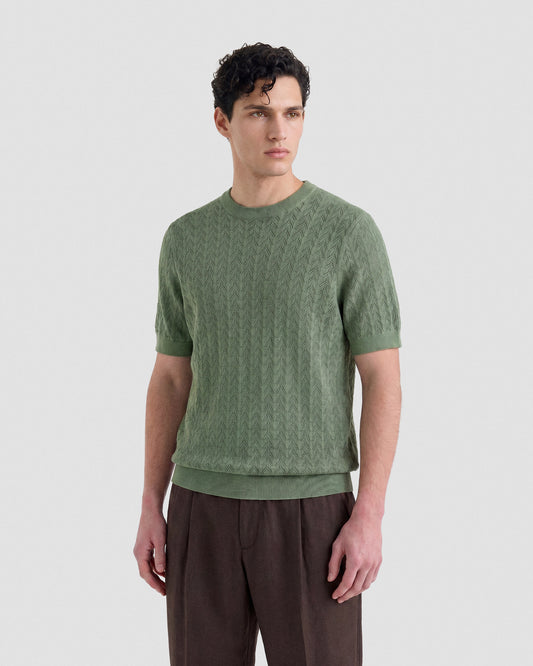 Short sleeve crochet crewneck SAGE GREEN | Filippo De Laurentiis