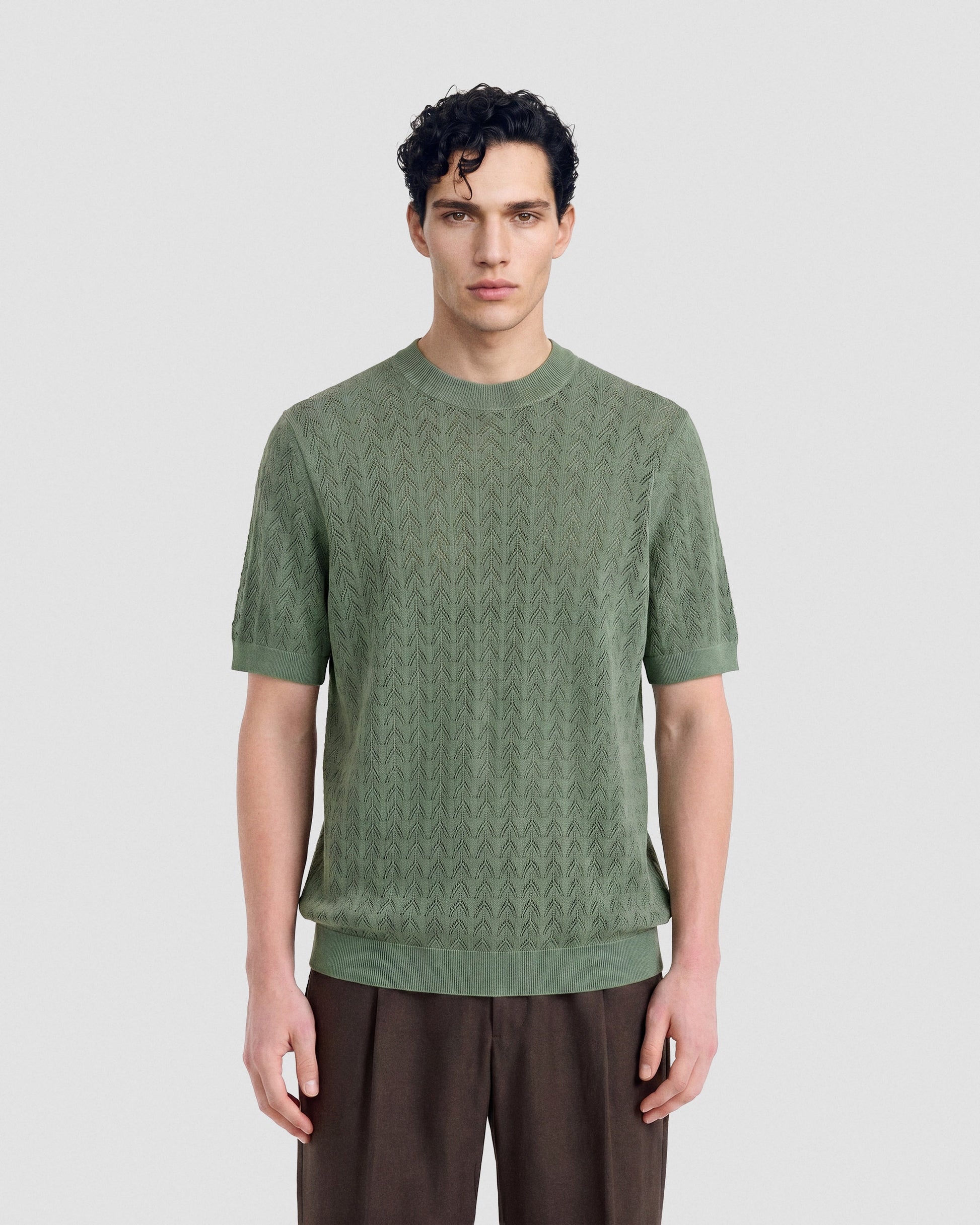 Short sleeve crochet crewneck SAGE GREEN | Filippo De Laurentiis