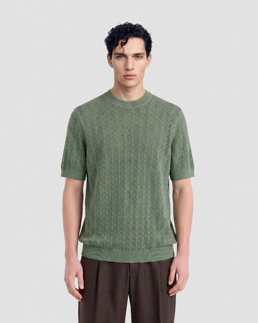 Short sleeve crochet crewneck SAGE GREEN | Filippo De Laurentiis