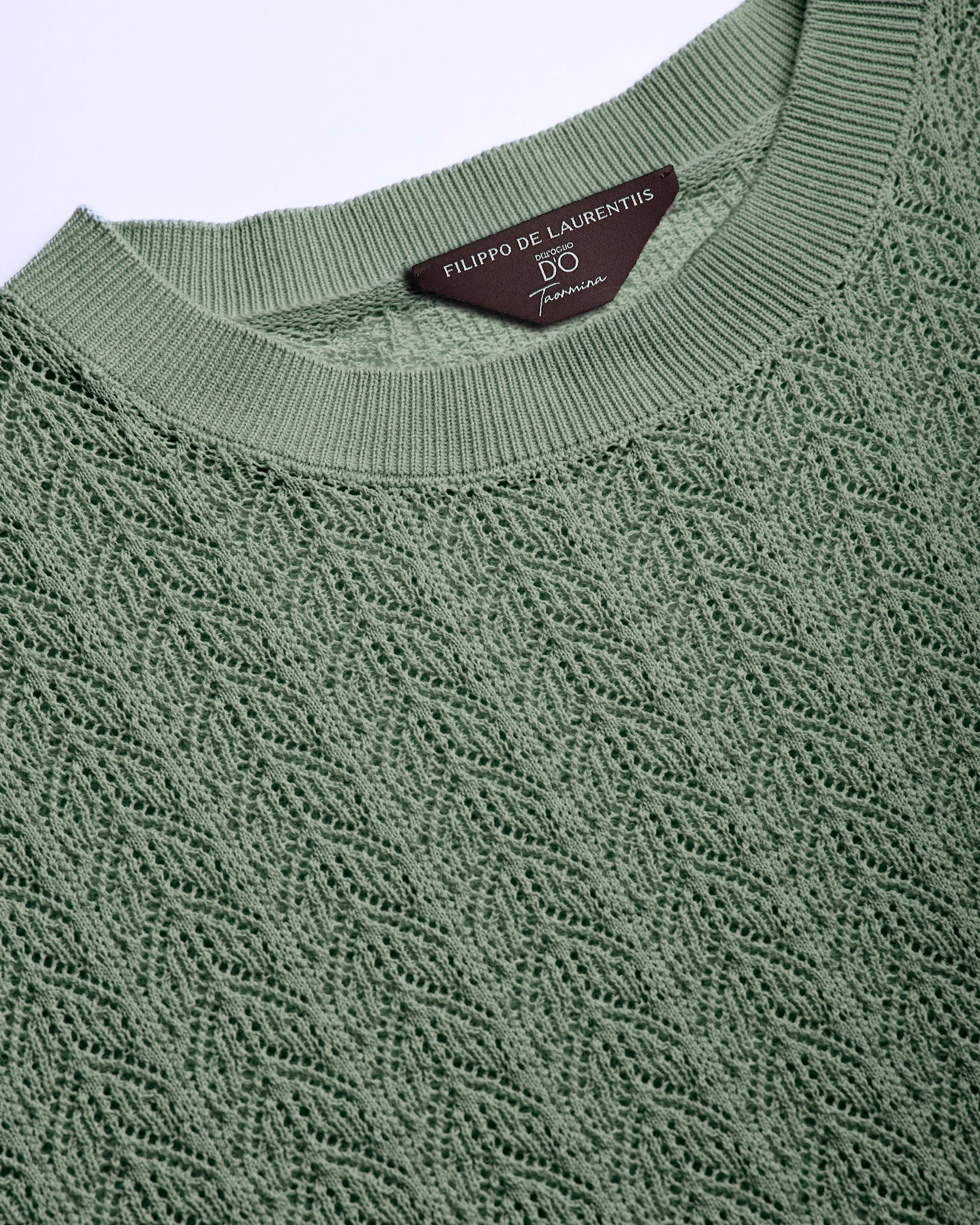 Short sleeve crochet crewneck SAGE GREEN | Filippo De Laurentiis