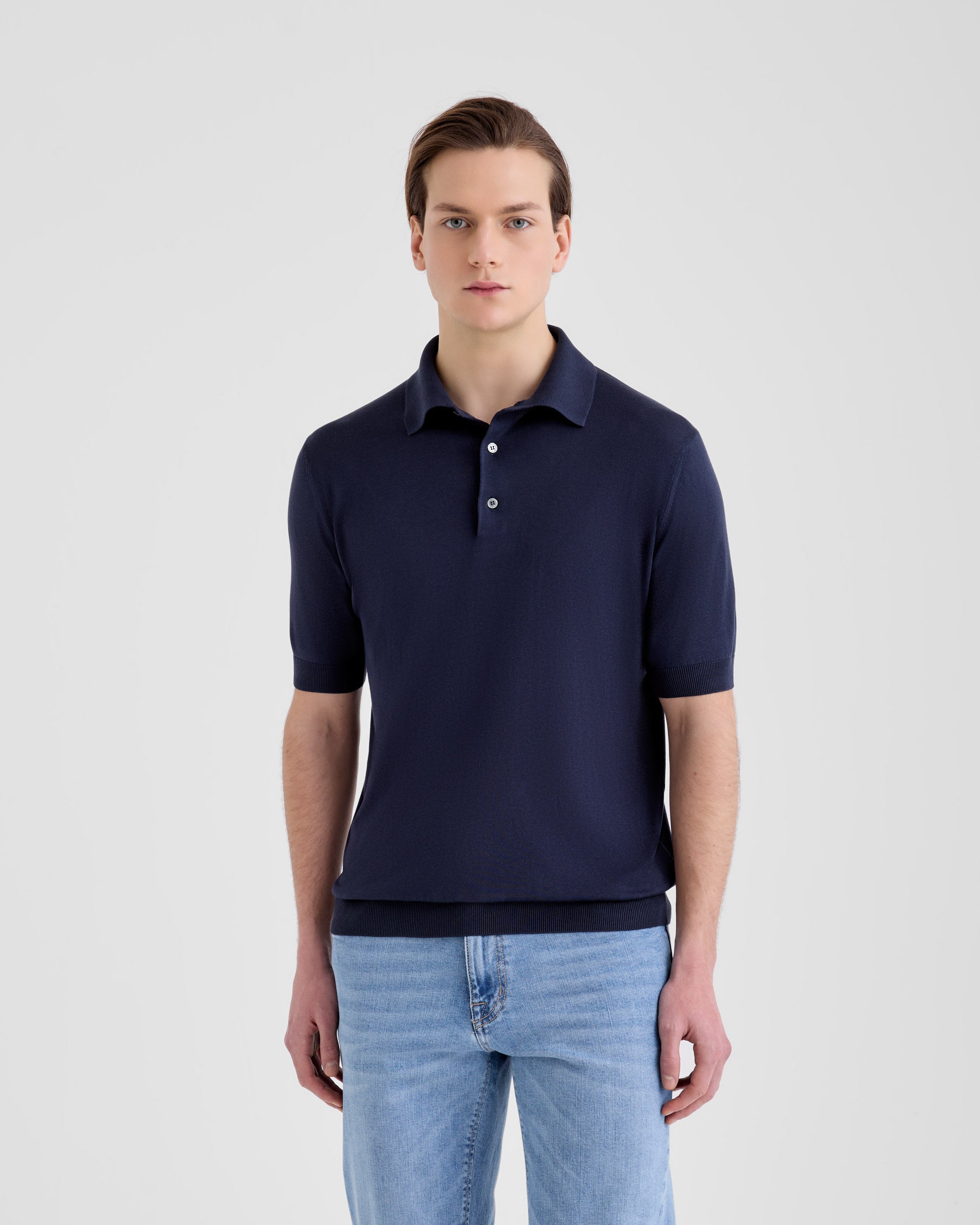Men's Luminous Pure Silk Polo Sweater navy blue – Filippo De