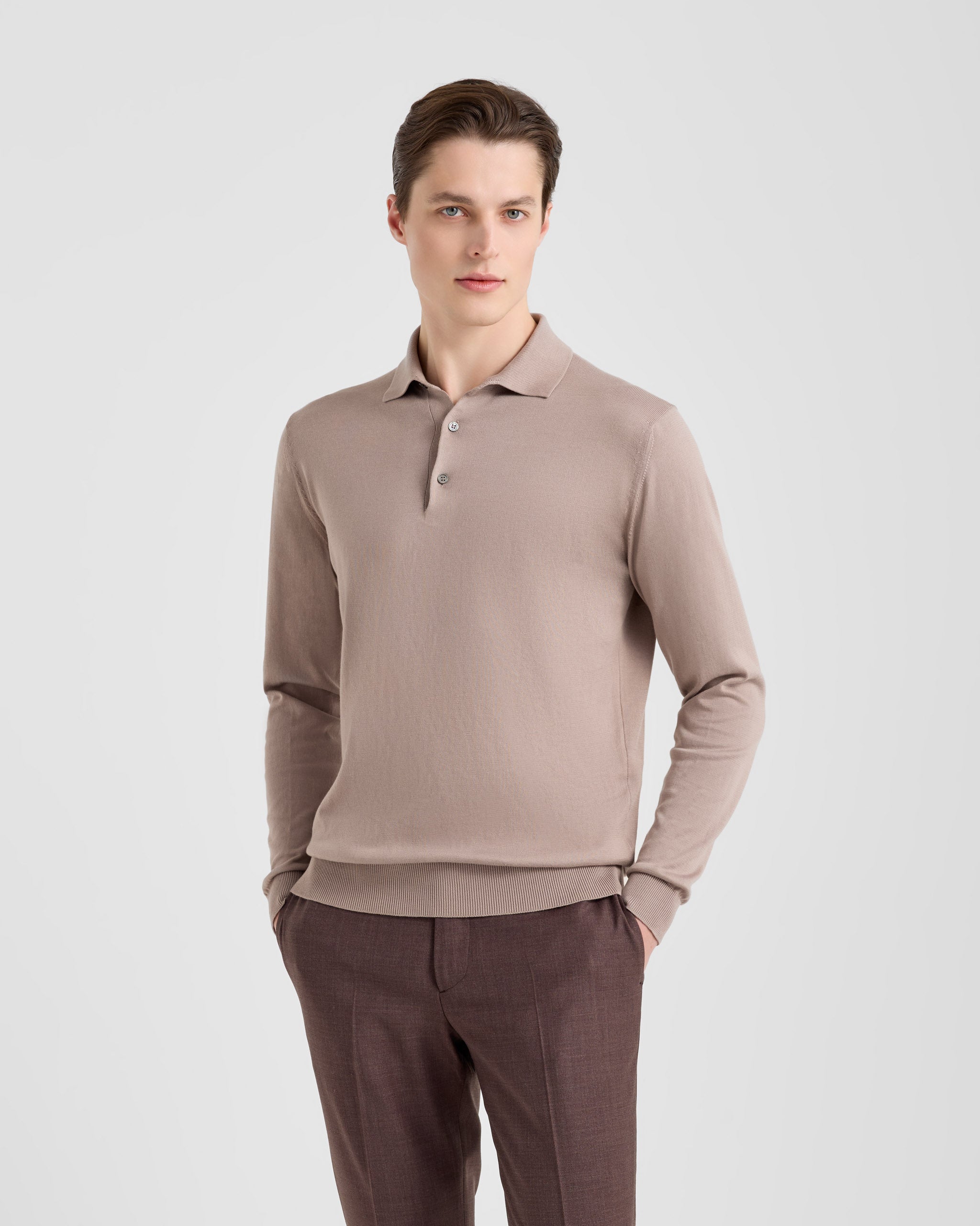 Men's 12-Gauge Long Sleeve Polo in Sublime Giza Cotton taupe