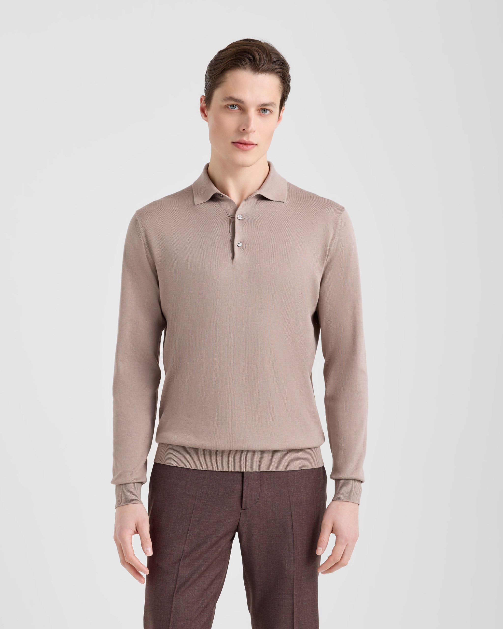 Men's 12-Gauge Long Sleeve Polo in Sublime Giza Cotton taupe
