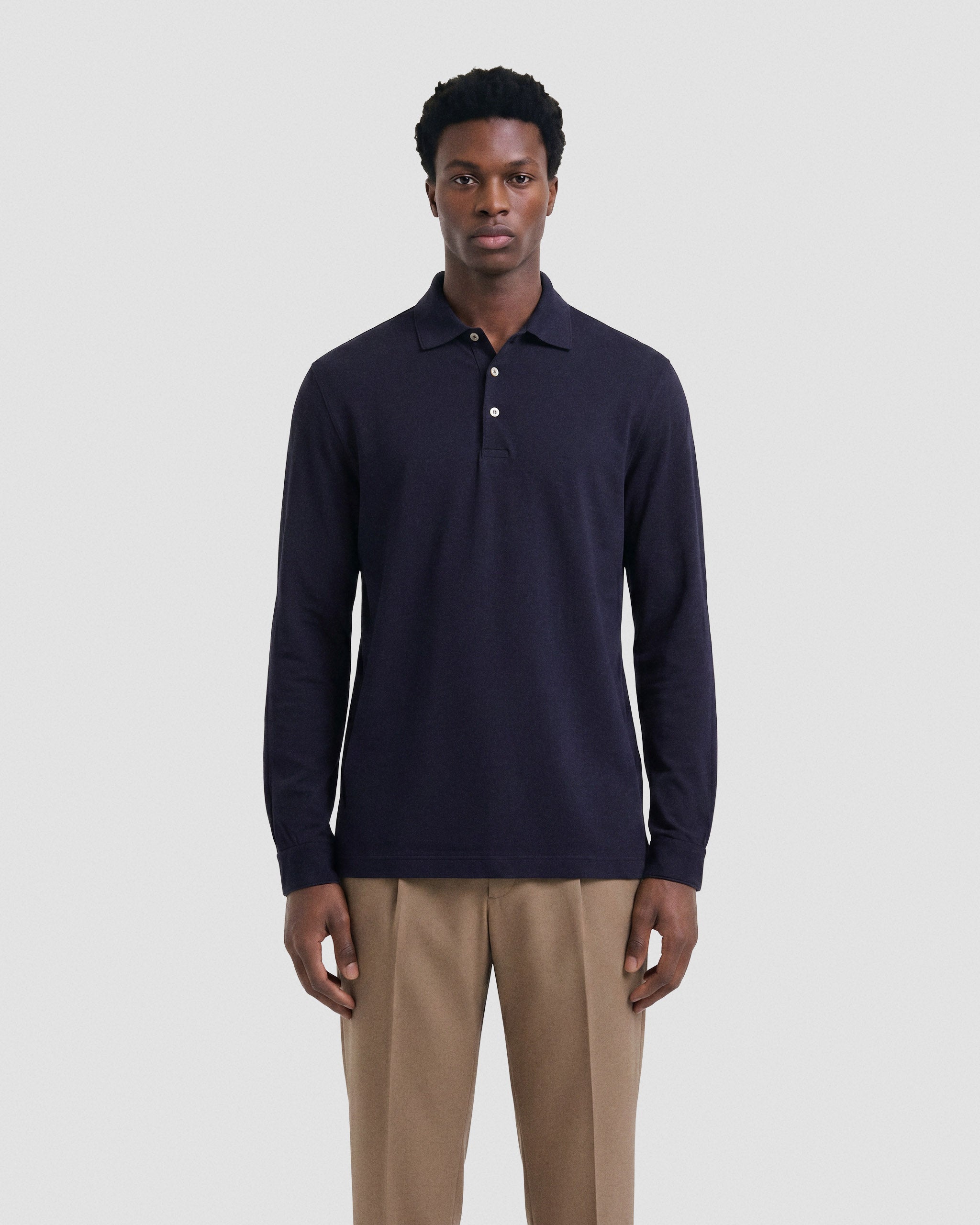 Long sleeve crepe cotton jersey polo shirt military green