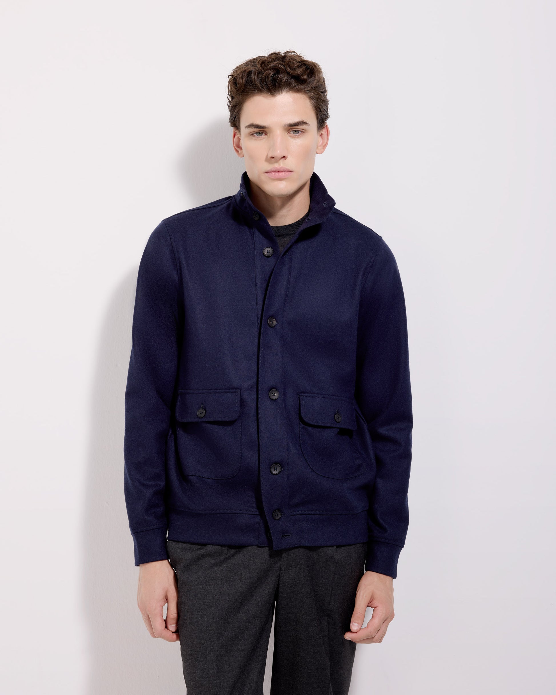 Cardigan bottoni in tessuto infeltrito lana cashmere blu navy