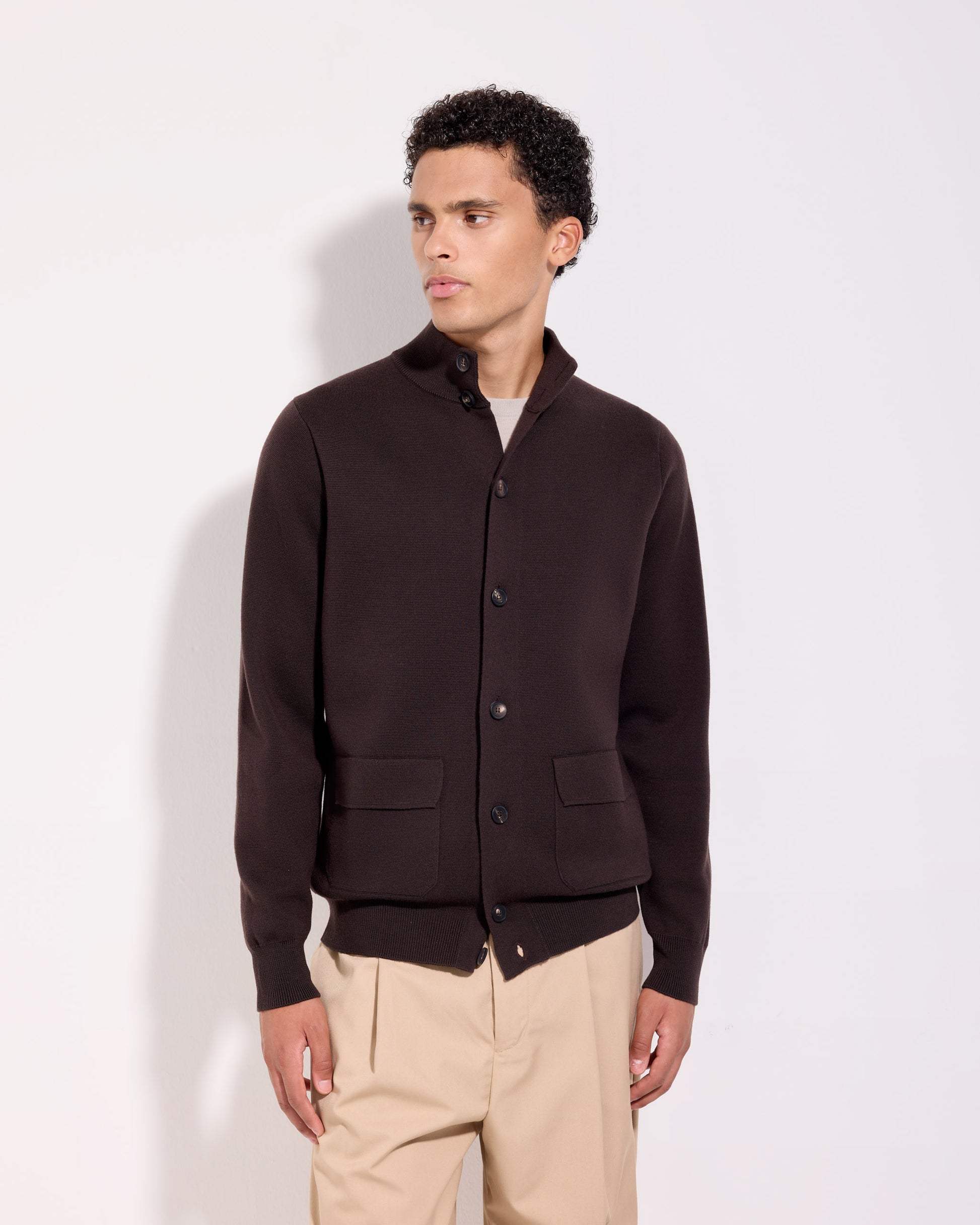 Cardigan con bottoni punto milano lana merino cioccolato