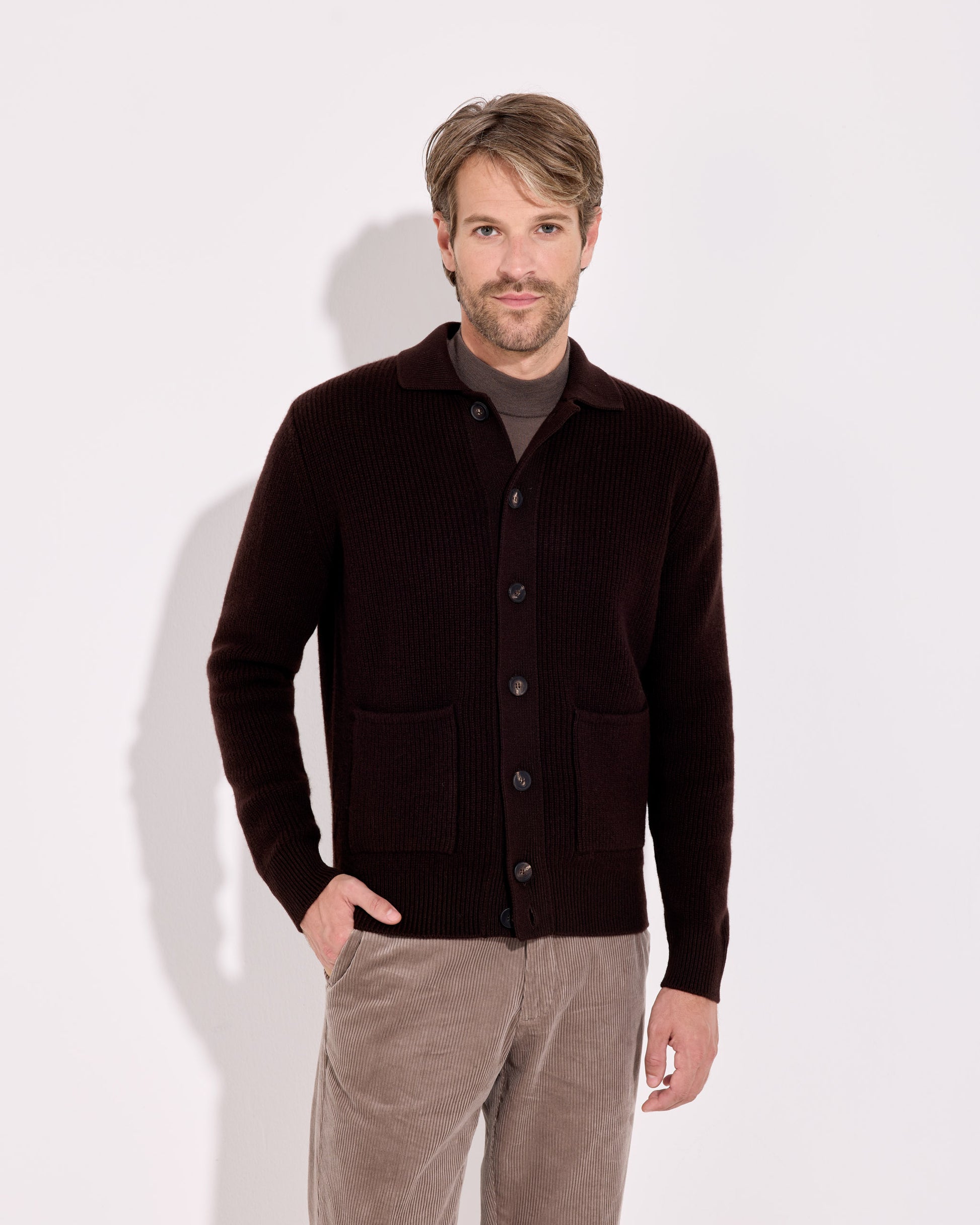 Camicia con taschino lana cashmere caffè