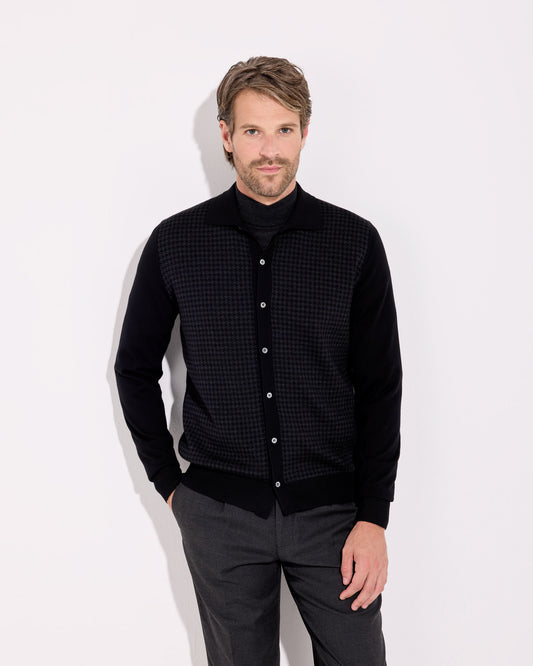 Cardigan camicia pied de poule royal merino antracite-nero
