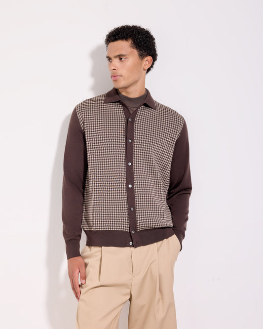 Cardigan camicia pied de poule royal merino grigio-cioccolato