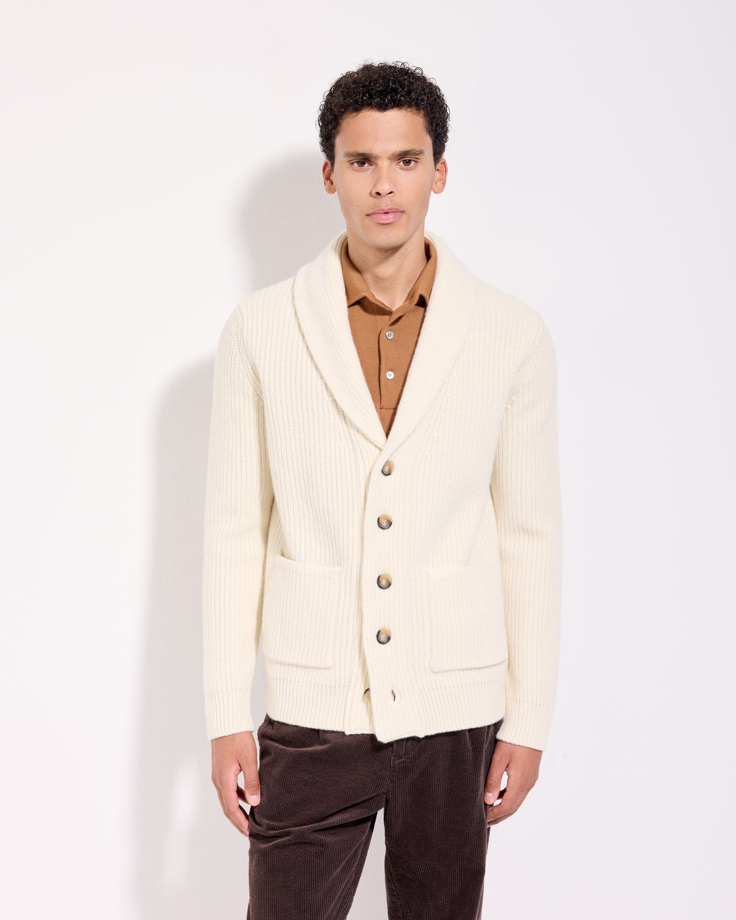 Cardigan sciallato costa inglese lana cashmere bianco latte
