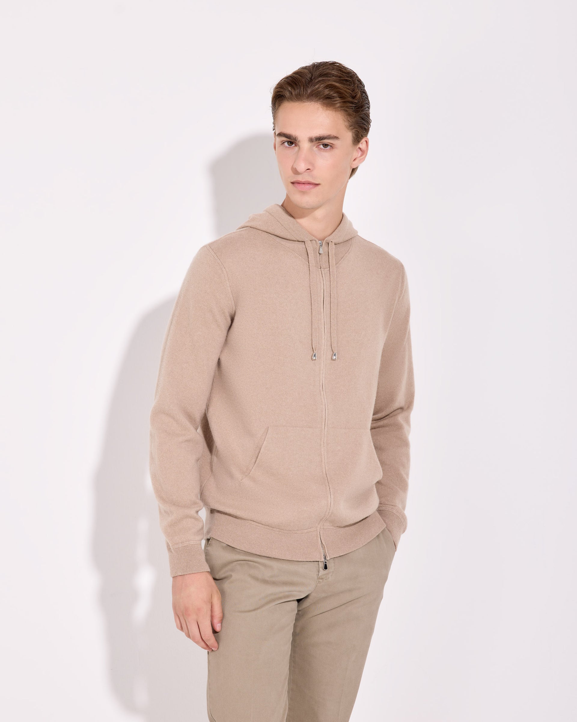 Wool Cashmere Hooded Sweatshirt style Full-zip for Man beige