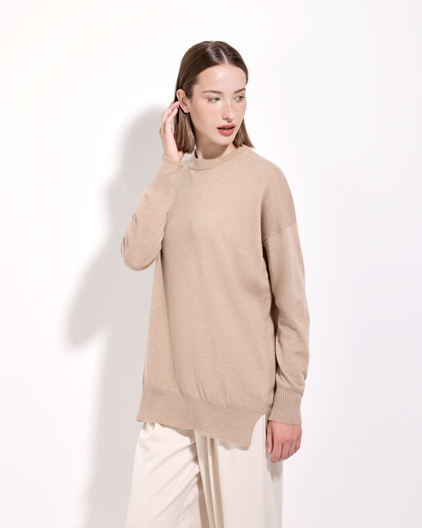 Girocollo lana seta cashmere sabbia