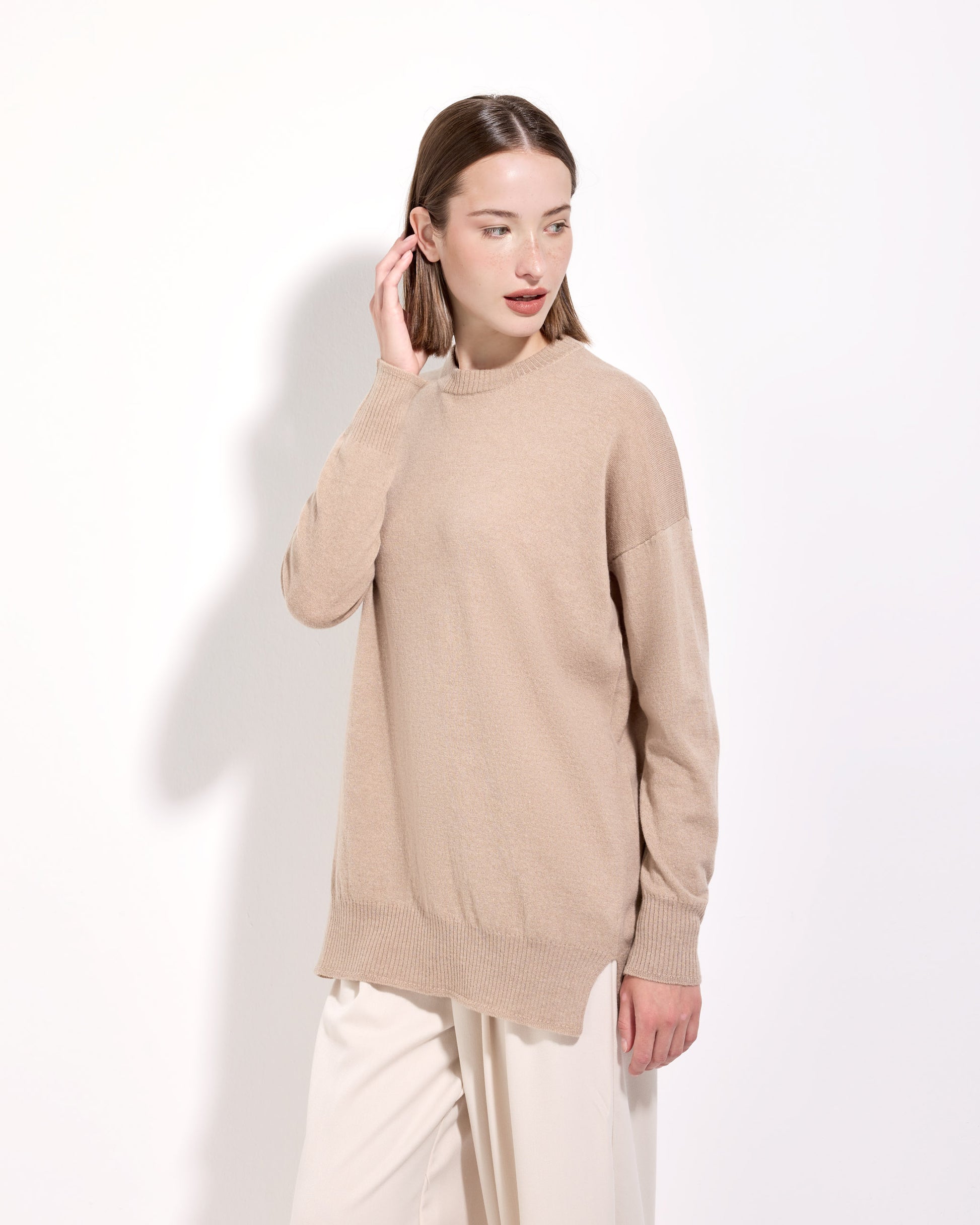 Girocollo lana seta cashmere sabbia