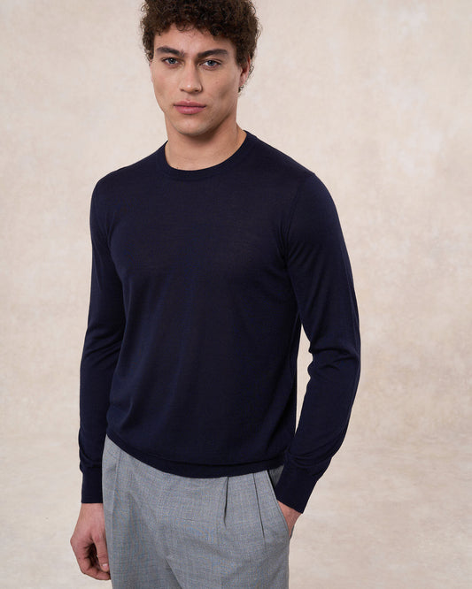 Maglia girocollo blu navy in cashmere e seta