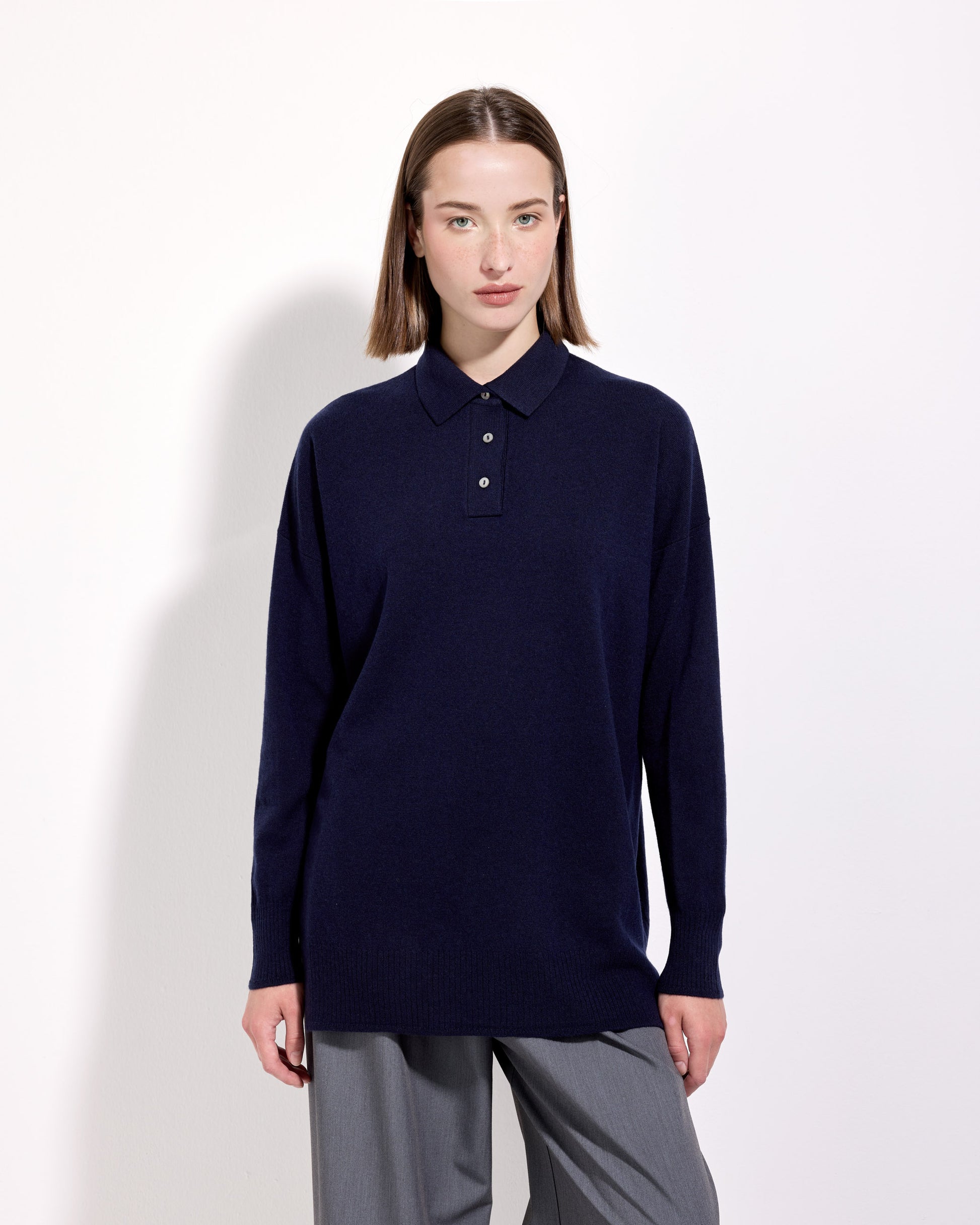Maglia a polo lana seta cashmere blu navy