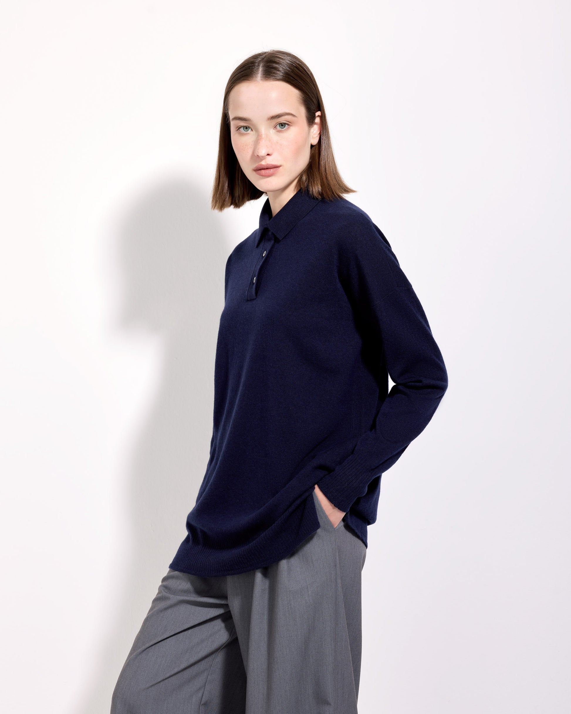 Maglia a polo lana seta cashmere blu navy
