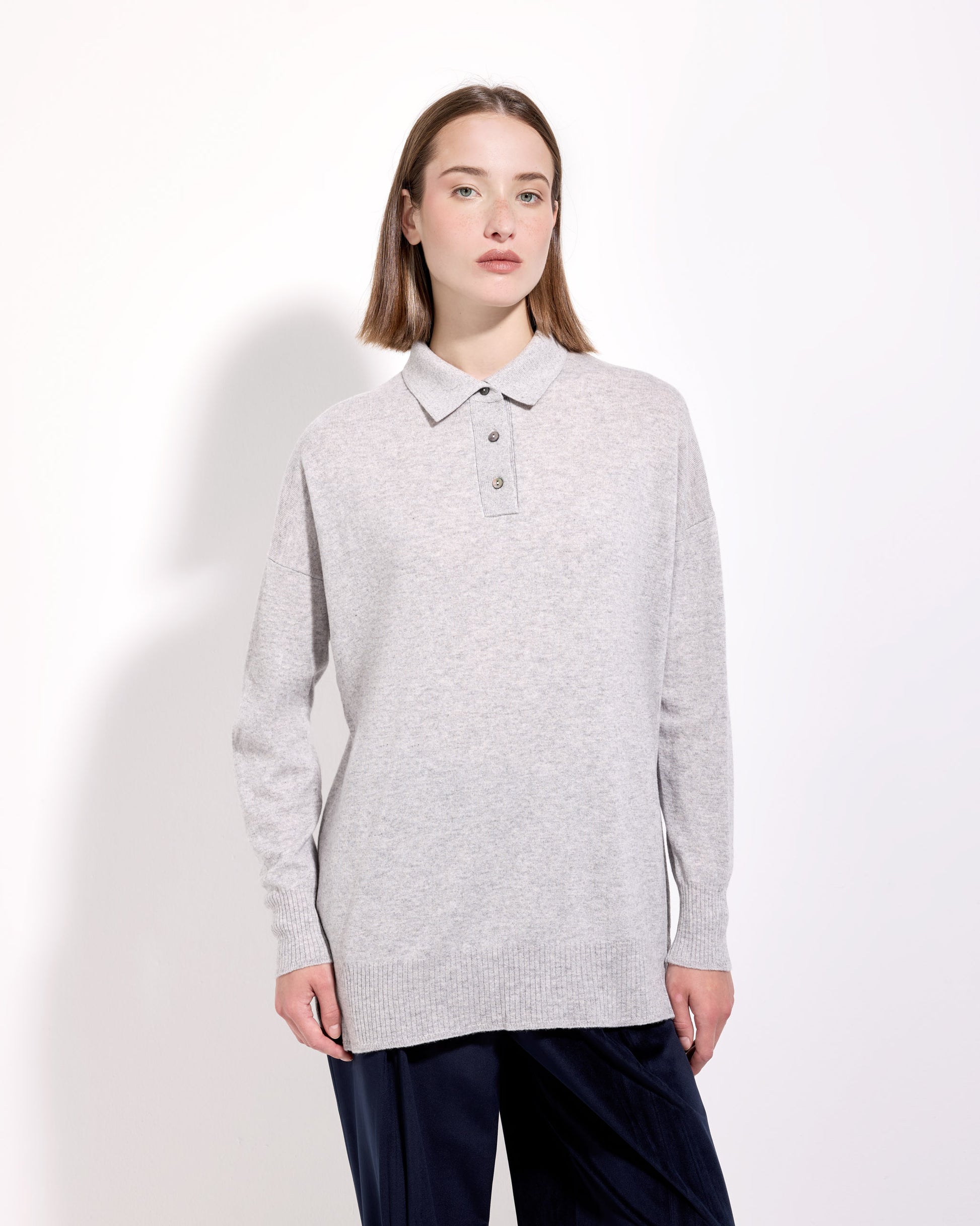 Maglia a polo lana seta cashmere grigio perla