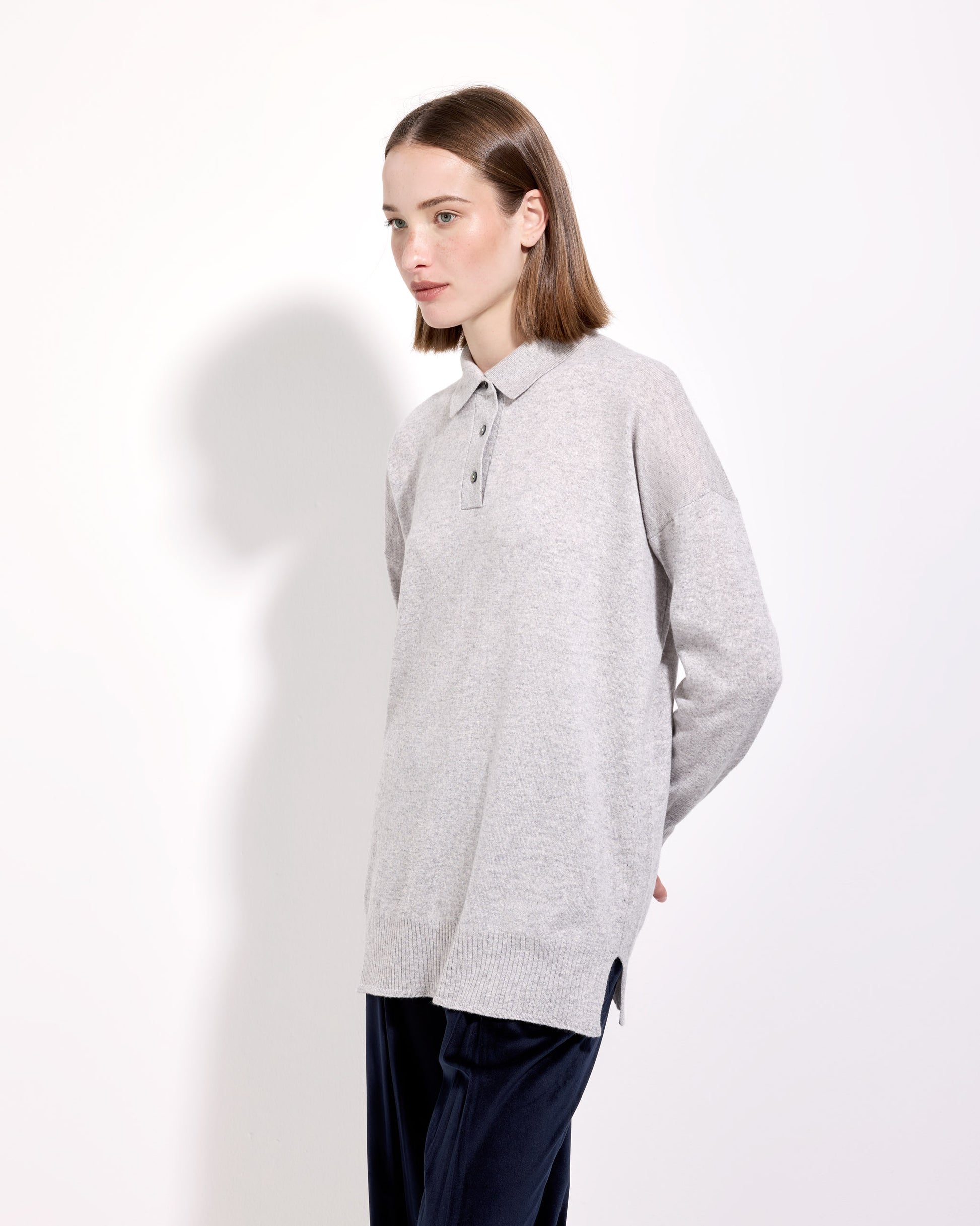 Maglia a polo lana seta cashmere grigio perla