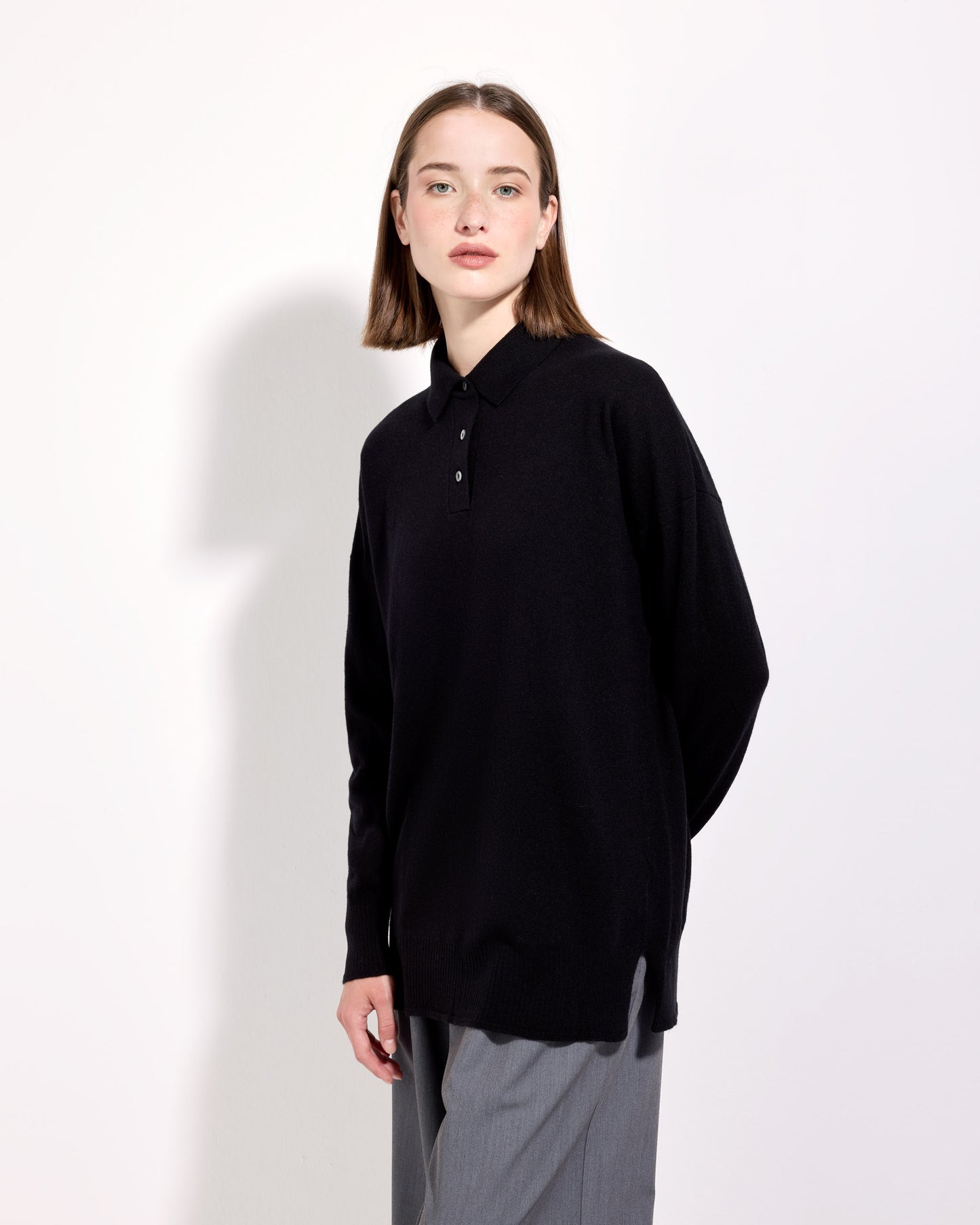 Maglia a polo lana seta cashmere nero 